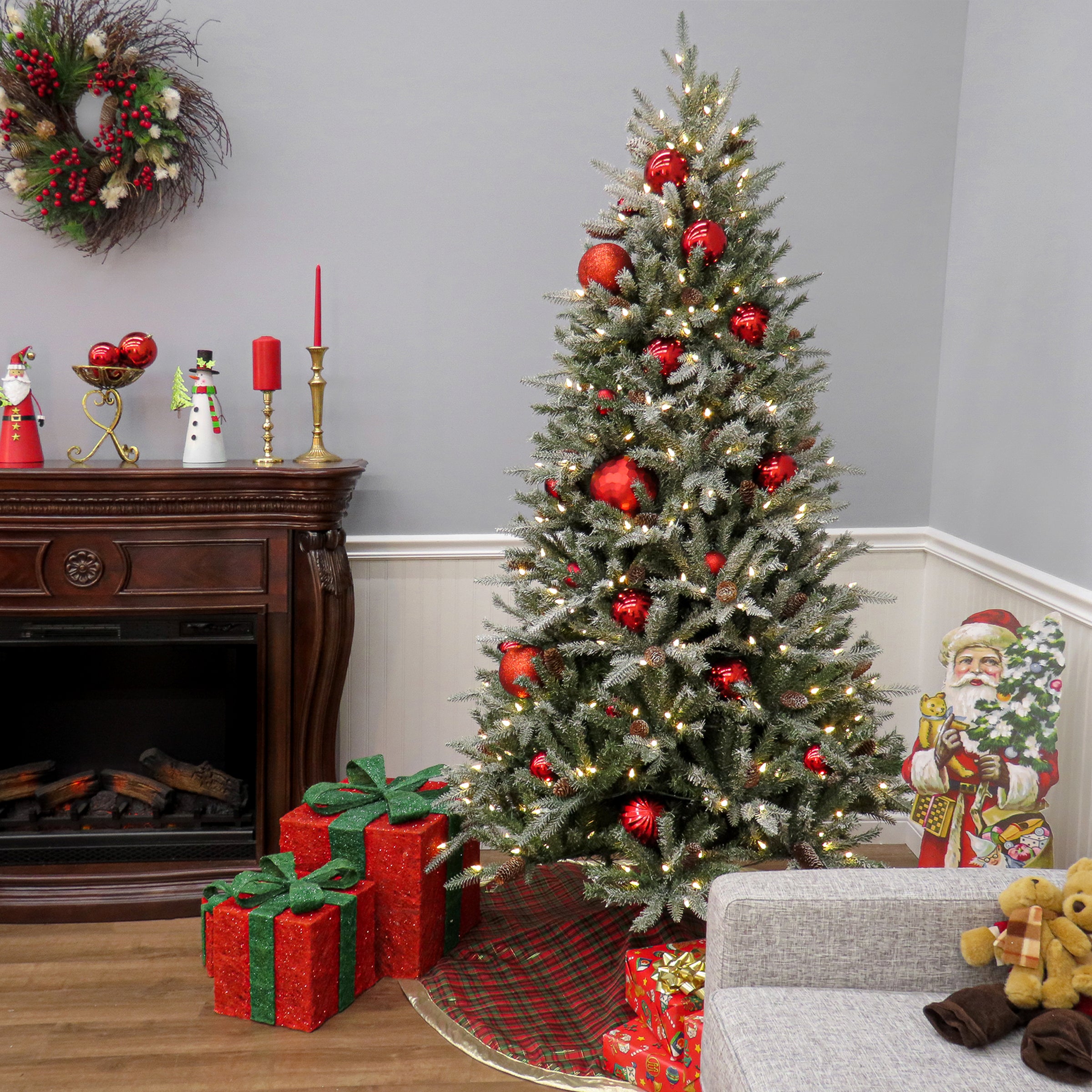 7 ft. Pre-Lit Snowy Olallie Pine Artificial Christmas Tree with 600 Warm White LED Lights - Perfect for Living Room, Office & Holiday Decorations
