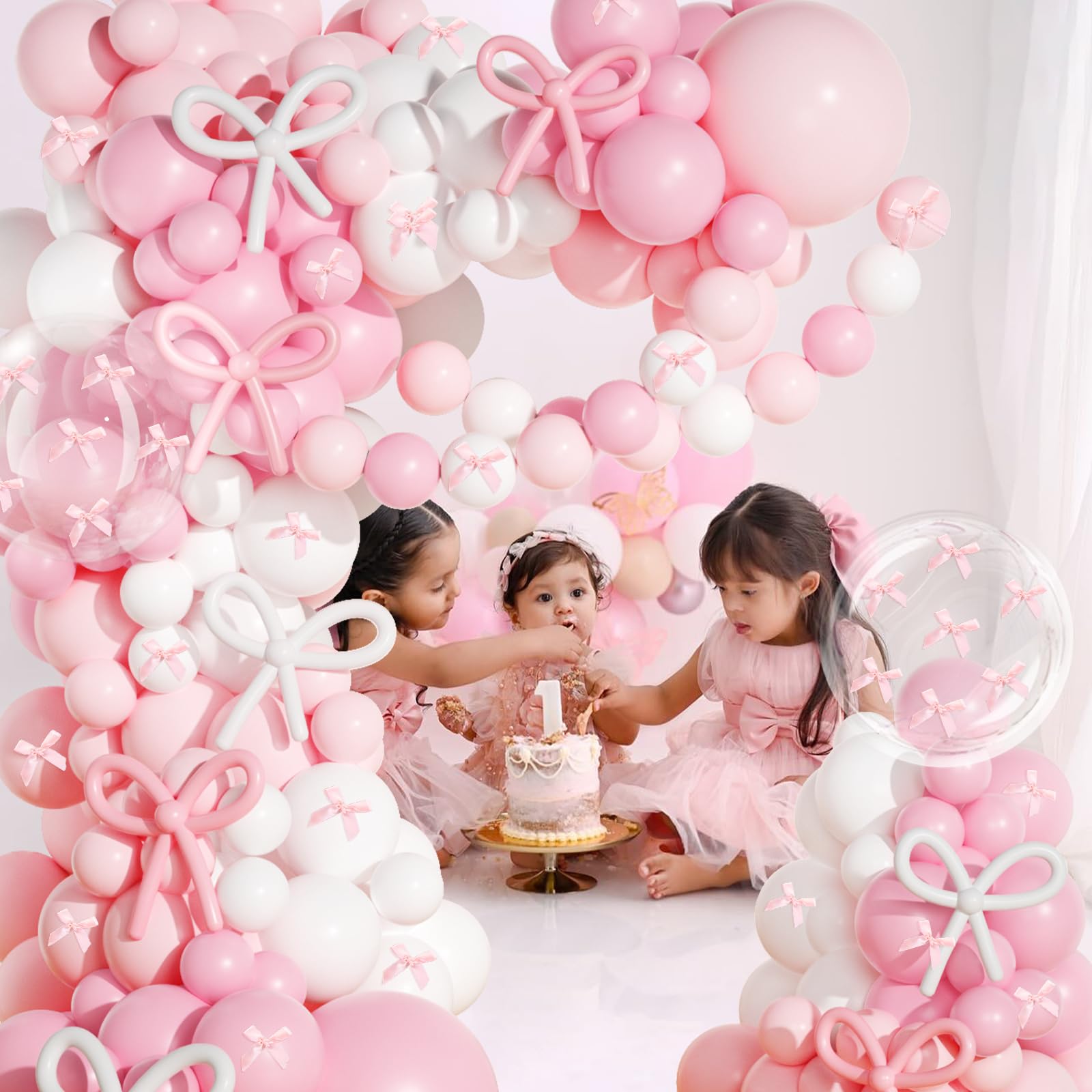 JOGAMS 199Pcs Pink Bow Balloons Arch Kit - Coquette Balloons Garland with 260 Clear Balloons & Pink Ribbon Bows for Birthday, Bachelorette, Baby Shower, Bridal Shower Decorations - Perfect for Party Backdrops, Photo Booths & Event Centerpieces