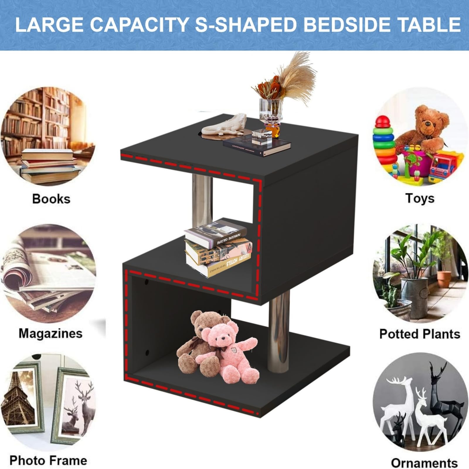 Modern Black Coffee Table with LED Lights - S-Shaped End Table & Sofa Side Table with Open Storage Shelf | Multi-Purpose High Gloss Nightstand for Living Room, Bedroom | Perfect for Small Spaces, Home Decor & Entertaining Guests (Black)