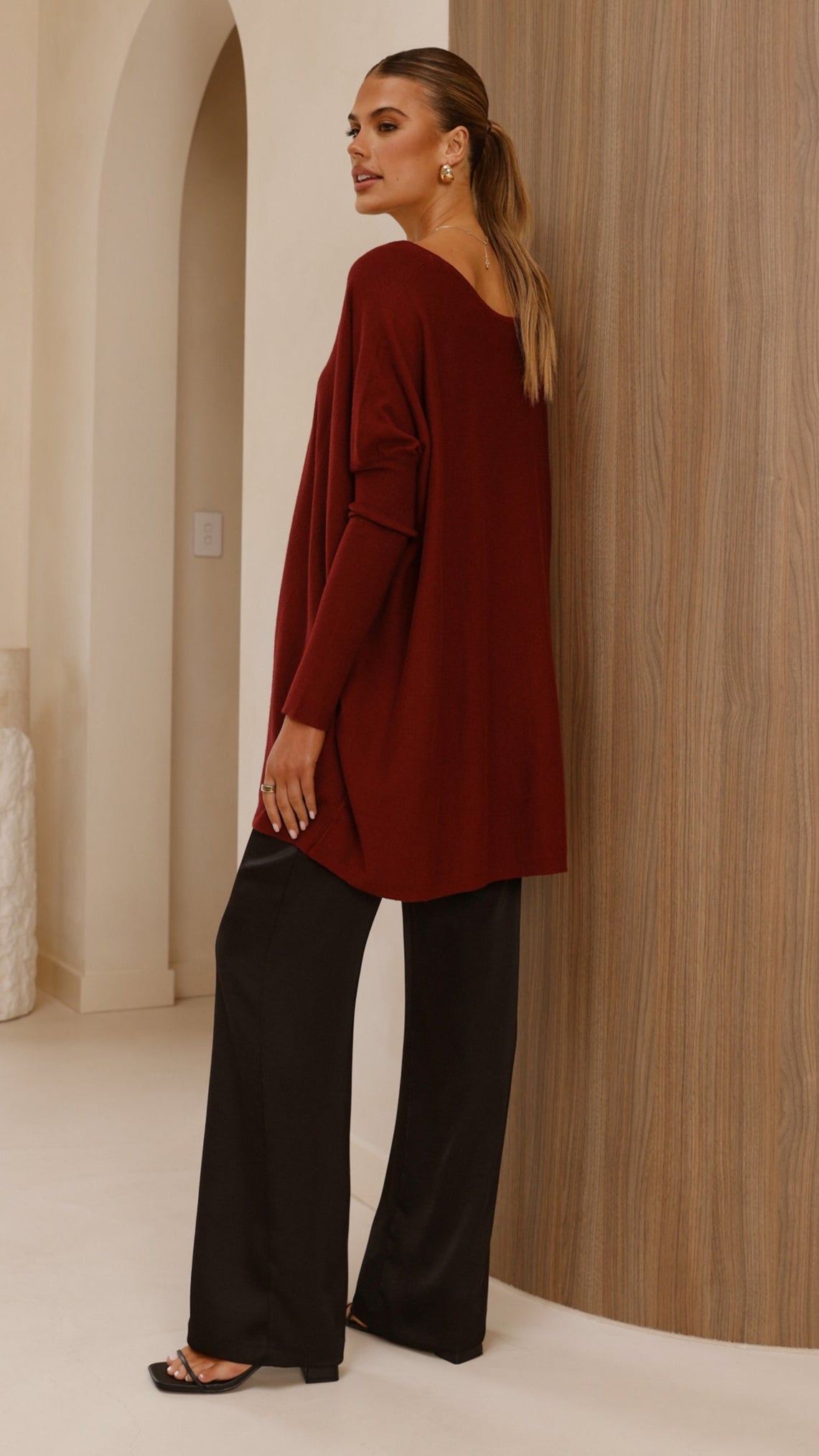 Amalia Knit Top for Women - Soft Burgundy Long Sleeve T-Shirt | Casual Fall & Winter Layering Essential