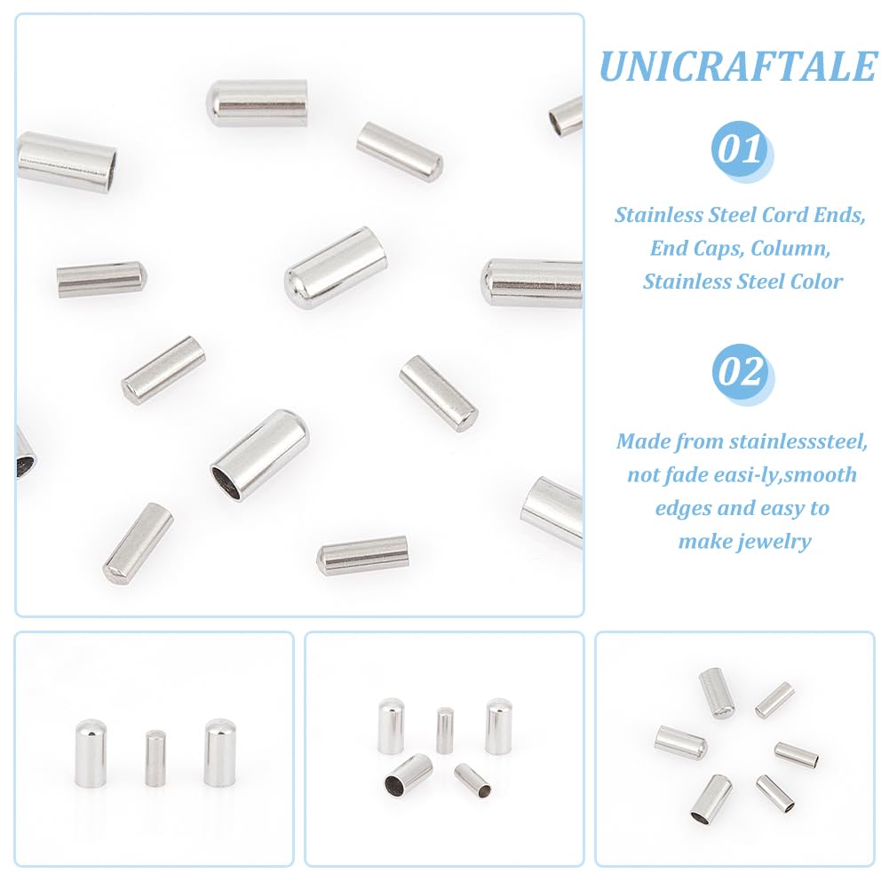 UNICRAFTALE 100pcs Stainless Steel Cord End Caps - 2mm & 3mm Column Leather Cord Terminators for DIY Jewelry Making - Durable Metal End Caps for Bracelets, Necklaces & Craft Projects