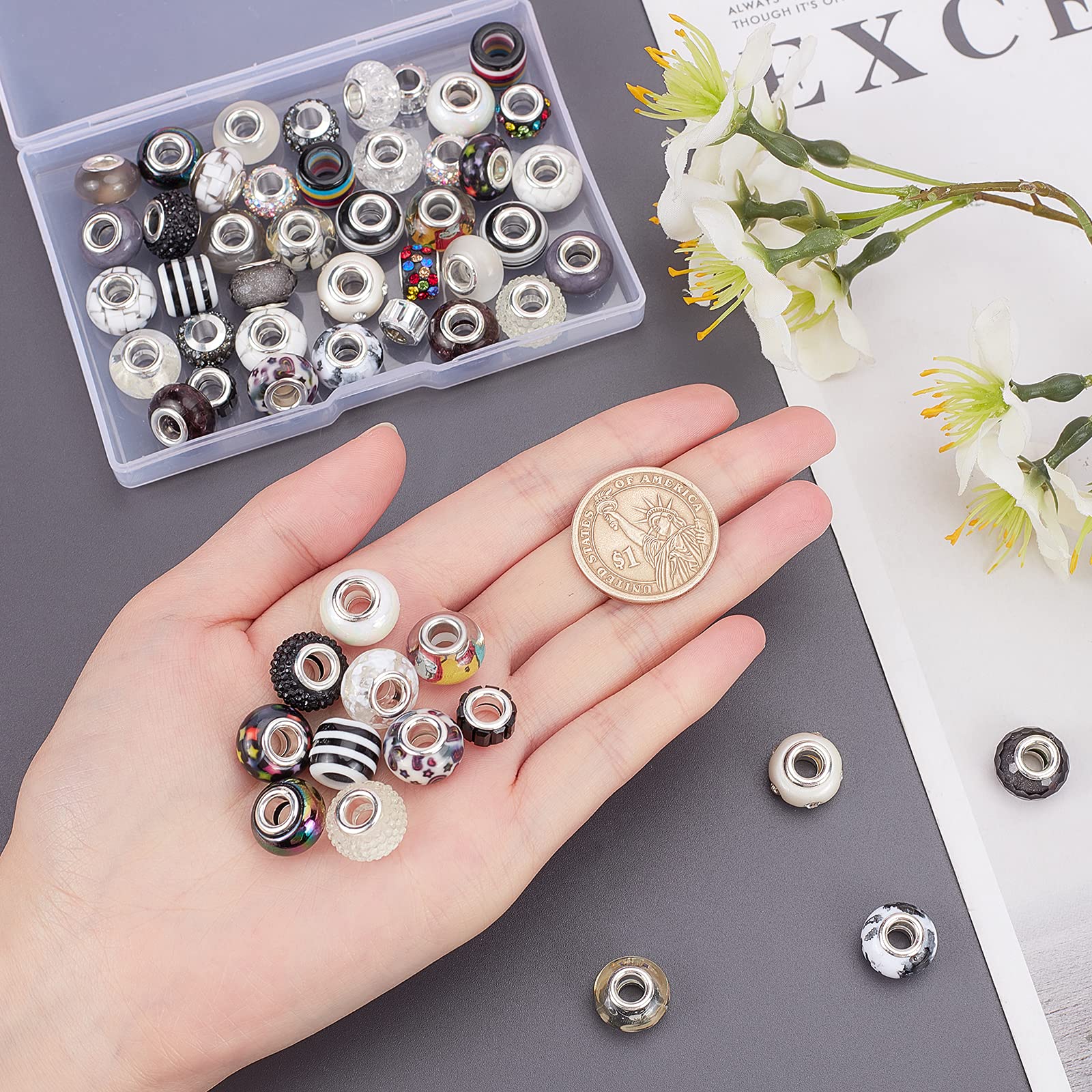 NBEADS 54 Pcs Mixed Style European Beads - Large Hole Acrylic Rhinestone Beads for DIY Jewelry Making, Bracelets & Necklaces - Perfect for Crafting, Gift Making and Fashion Accessories