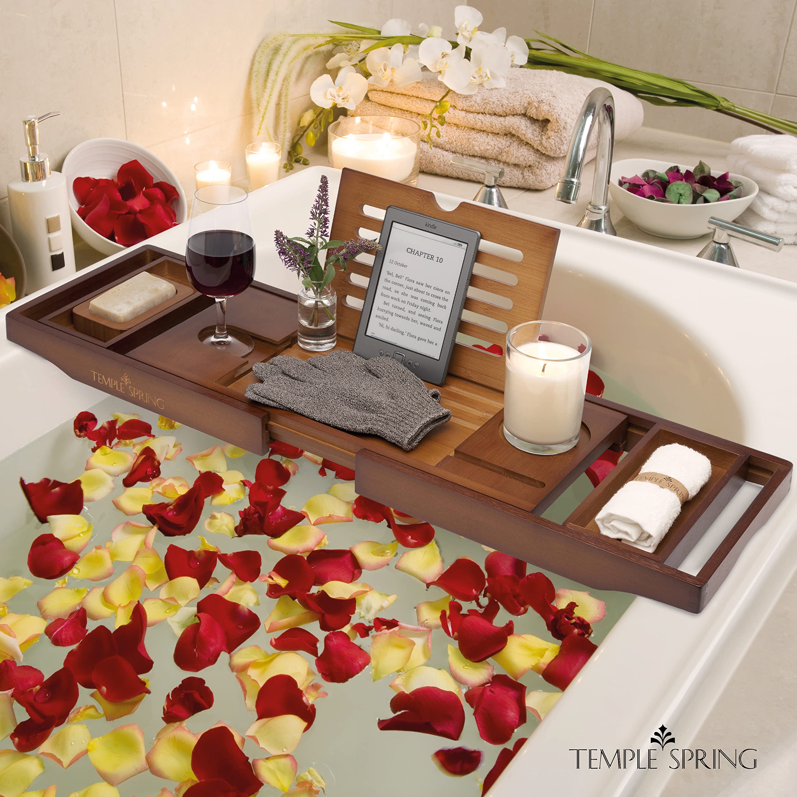 Premium Bamboo Bathtub Tray - Natural Wooden Bath Caddy with Non-Slip Design for Spa Relaxation, Bathroom Essentials & Home Decor - Perfect for Reading, Wine Glass Holder & Bath Accessories Organization (Wood Brown)
