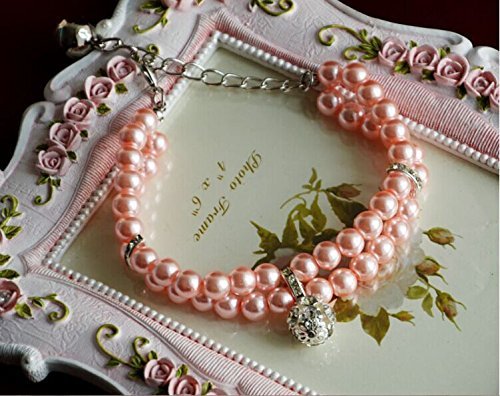 Luxury 2 Row Pearls Rhinestones Pet Collar Necklace with Bling Crystal Charm - Adjustable 10-12 Inch Pink Dog Cat Jewelry for Small Dogs, Puppies, Chihuahua, Yorkie - Perfect for Pet Parties, Photos & Special Occasions