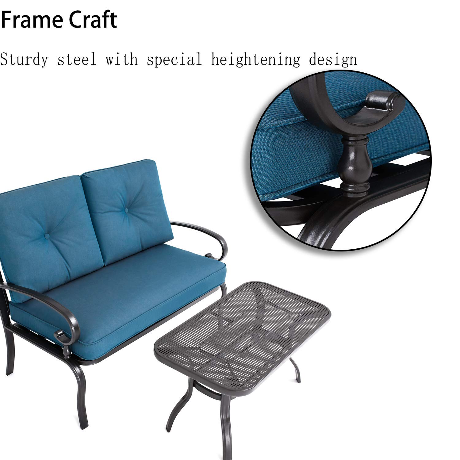 Crownland Outdoor 2-Piece Love Seat with Bistro Coffee Table Set - Patio Bench with Cushion for Garden, Porch, Yard, Poolside (Peacock Blue) | Perfect for Relaxing, Entertaining, and Outdoor Dining