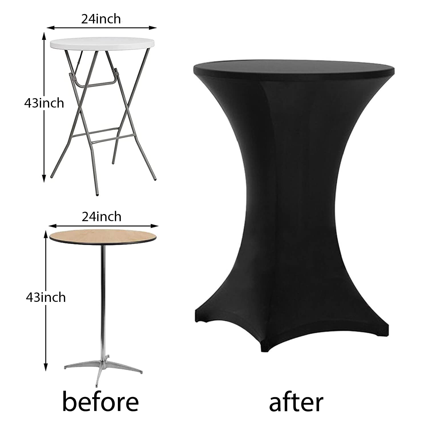 24x43 Inch Black Highboy Spandex Cocktail Table Cover - Stretch Fitted Tablecloth for Round Bar Tables - Perfect for Weddings, Parties & Events