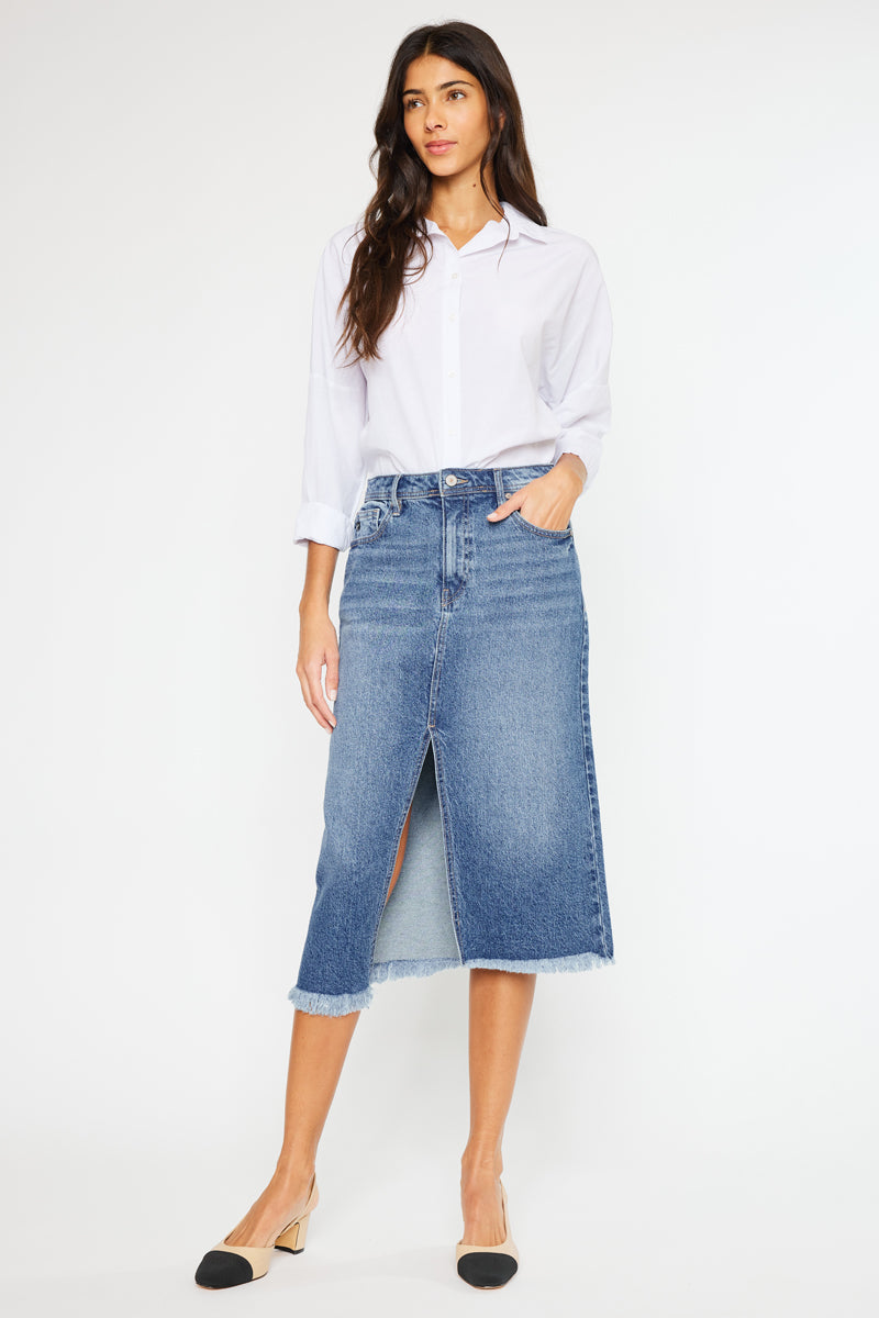 Indigo High Rise Midi Skirt for Women - Stretchy A-Line Denim Skirt with Pockets | Perfect for Casual Outfits, Office Wear & Date Nights