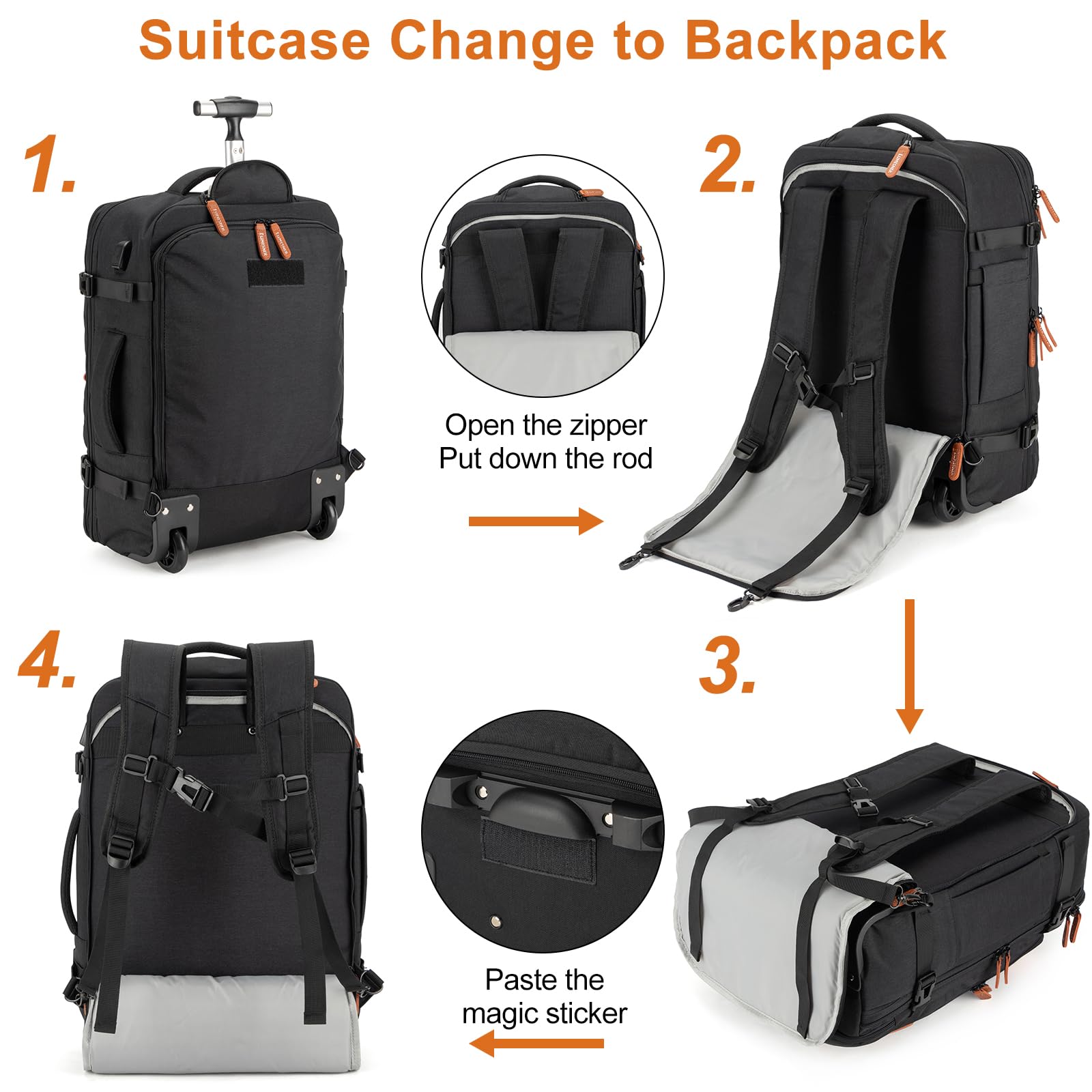 Rolling Backpack for Women & Men - 17.3 Inch Wheeled Laptop Backpack with 4 Packing Cubes, Travel Backpack with Wheels for Business Work & Airplane Carry On (Black) - Perfect for Commuting, Business Trips & Airport Travel