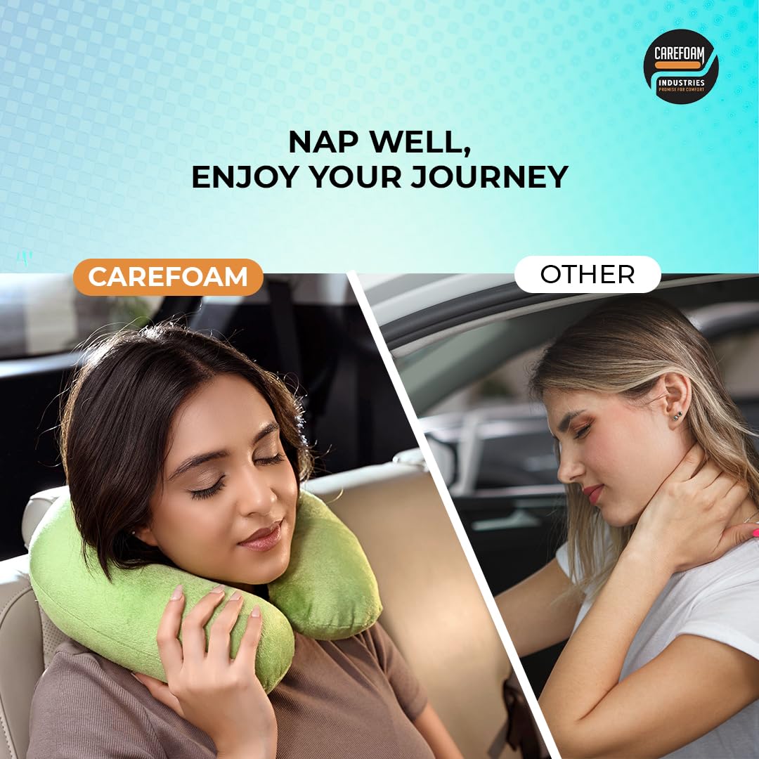 CareFoam Memory Foam Neck Pillow for Travel - Ergonomic Support for Airplane, Car & Train Sleeping - Lightweight Travel Pillow with Premium Velvet Cover for Men & Women (Green) - Perfect for Long Flights, Road Trips & Commuting