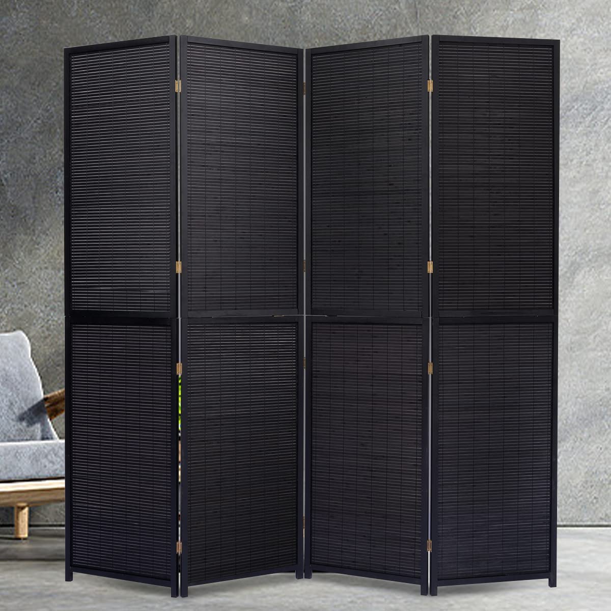 JVVMNJLK 4 Panel Bamboo Room Divider - Folding Privacy Screen & Wall Partition for Home Office, Bedroom Separation - Portable Freestanding Room Divider with Woven Mesh Design (Black) - Perfect for Creating Privacy in Living Rooms, Studios, and Workspaces