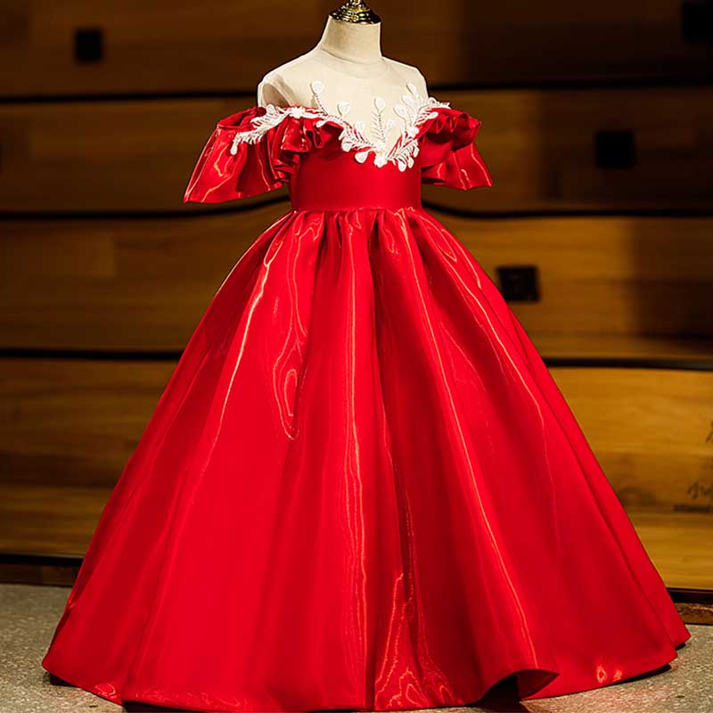 Elegant Red Organza A-Line Flower Girl Dress with Lace & Cold Shoulder - Perfect for Weddings, Pageants & Special Occasions