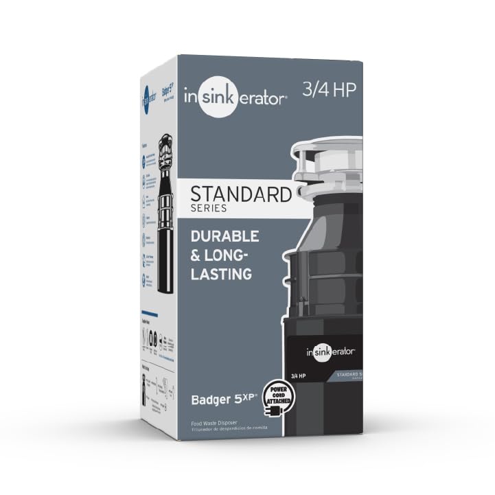 InSinkErator Badger 5XP 3/4 HP Continuous Feed Garbage Disposal with Power Cord - Standard Series Food Waste Disposer for Kitchen Sink (Ideal for Home Use & Easy Food Scrap Disposal)