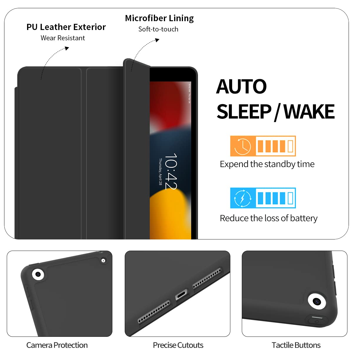 Premium iPad Case for 9th/8th/7th Gen 10.2 Inch (2021/2020/2019) - Shockproof TPU Back with Pencil Holder, Auto Wake/Sleep Cover - Perfect for Work, School & Travel - Black