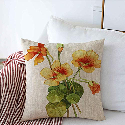 Decorative Watercolor Nasturtium Flower Linen Throw Pillow Covers 20x20 Inch - Soft Square Cushion Covers for Sofa, Couch & Bed - Nature-Inspired Home Decor for Living Room & Bedroom