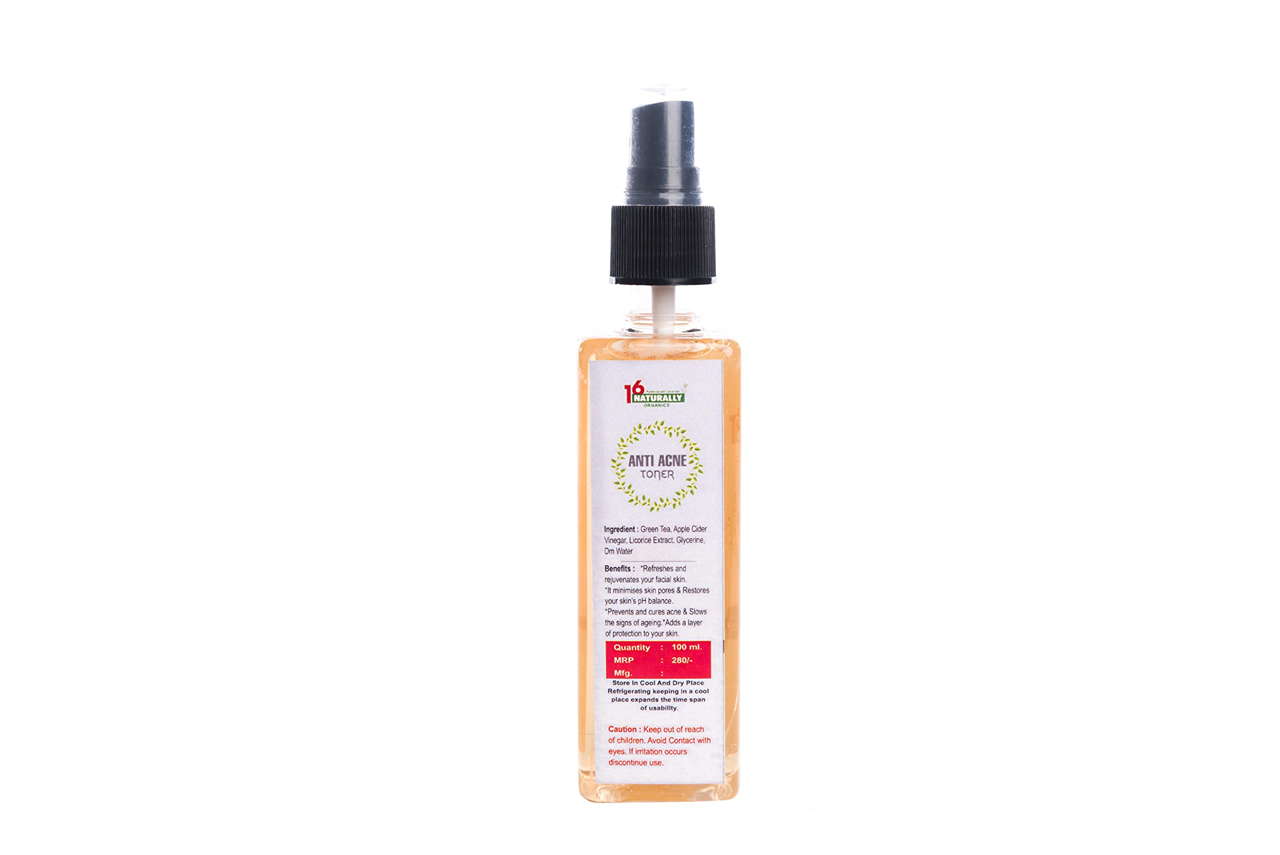 16 NATURALLY Organics Green Tea Anti-Acne Toner - 100ml for Healthy, Fresh & Clear Skin | Gentle Facial Treatment for Oily, Acne-Prone & Sensitive Skin | Daily Skincare Routine & Post-Workout Refresh