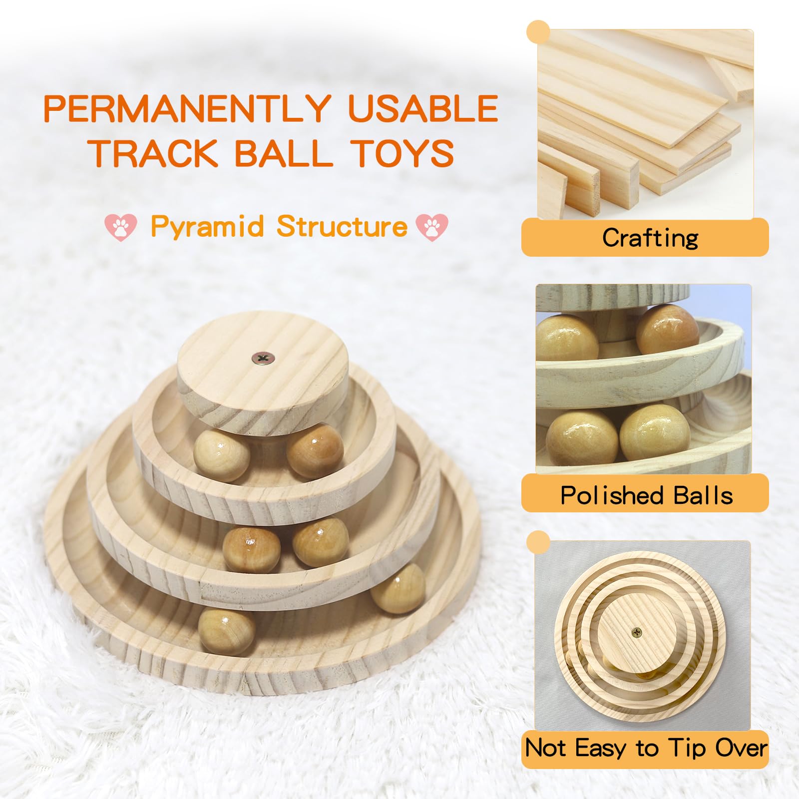 Interactive Cat Ball Track Toy - 3-Layer Wooden Maze with 6 Smooth Balls for Indoor Cats | Fun Exercise & Mental Stimulation Toy | No Assembly Required (Pine Wood) | Perfect for Playtime, Boredom Relief & Keeping Cats Active