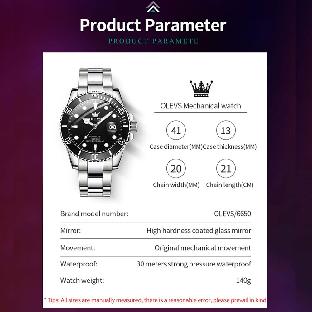 OLEVS Automatic Self-Winding Mechanical Watch for Men - Luxury Stainless Steel Dress Watch with No Battery Needed | Perfect for Business, Formal Events & Everyday Wear