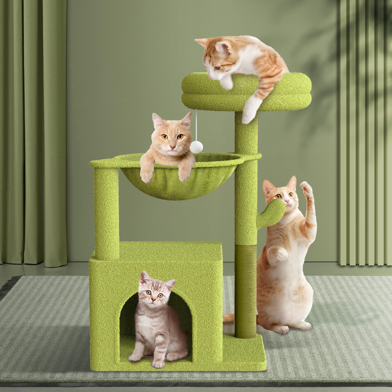 28 Inch Small Cat Tree with Hammocks & Scratching Post - Cactus Shaped Cat Condo Activity Center with Toys, Plush Perches & Fluffy Ball for Kittens (Light Green) - Perfect for Indoor Play & Climbing Fun