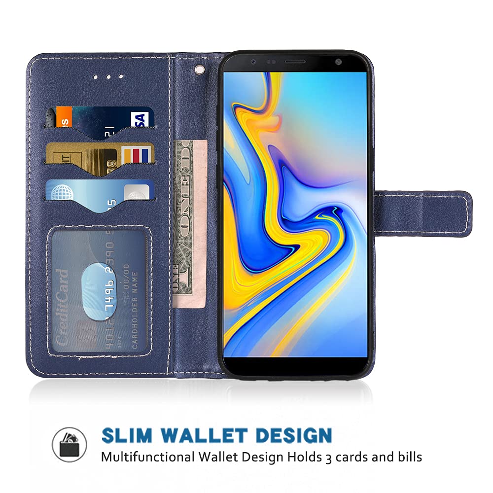 Samsung Galaxy J6 Plus 2018 Wallet Case with Wrist Strap & Card Holder - Leather Flip Cover Phone Case for J6/J6+/J6 Plus (SM-J610FN) - Blue | Perfect for Work, Travel & Everyday Protection