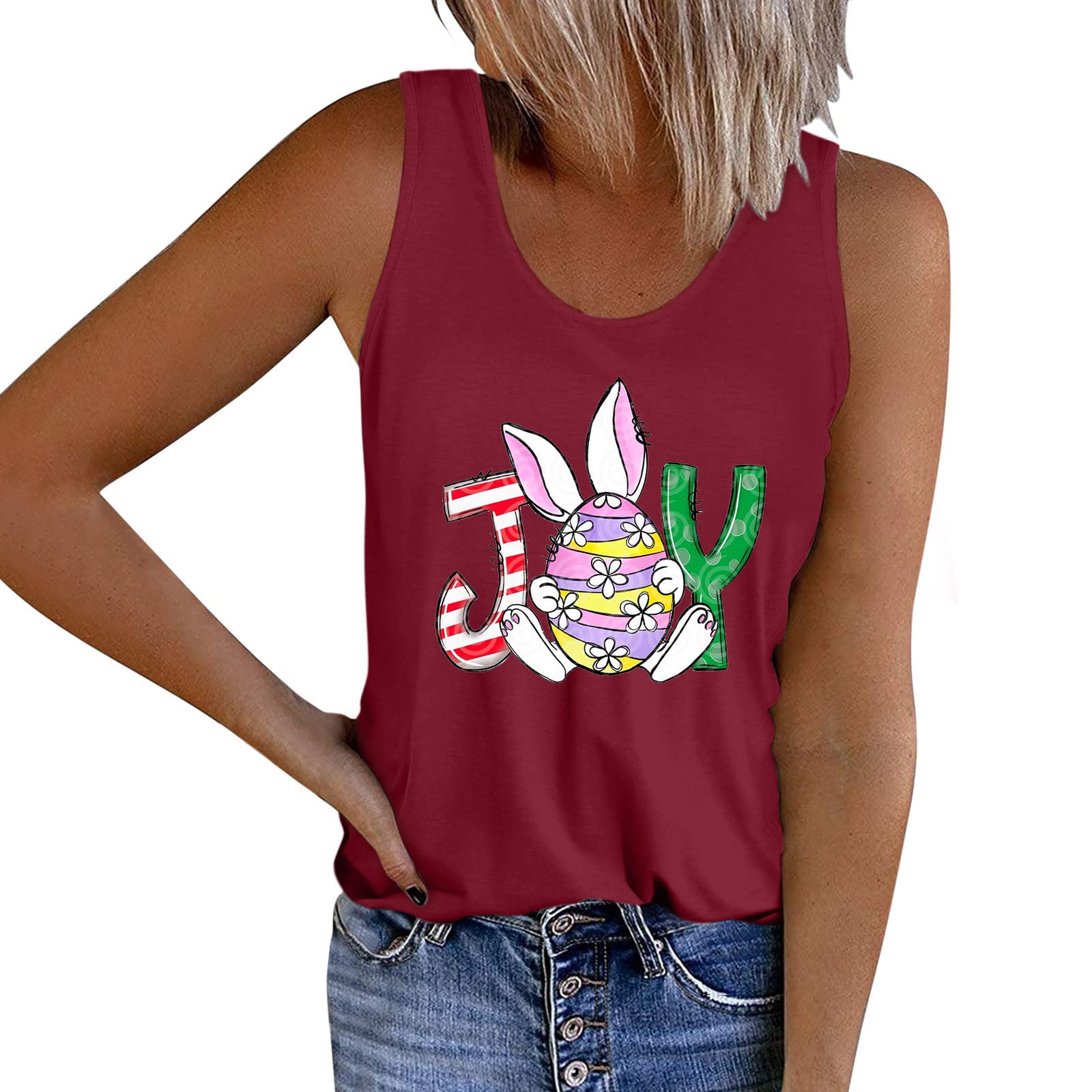 Women's Black Sleeveless Loose Blouse - Easter Rabbit Print O-Neck Fashion Top for Casual Wear, Summer Outfits & Holiday Parties