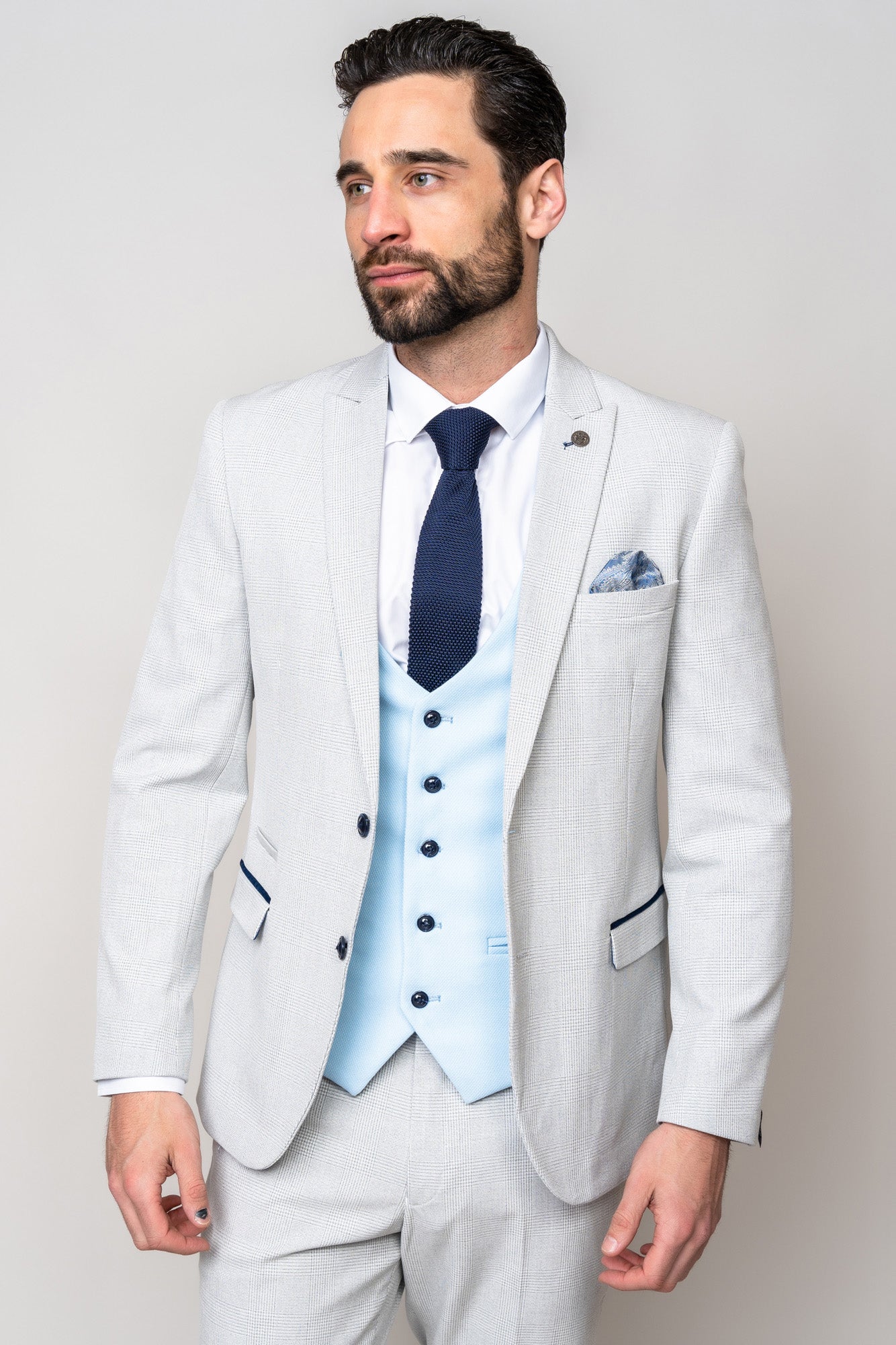 BROMLEY Stone Check Suit with Kelvin Sky Waistcoat - Premium Men's Formal Wear for Business Meetings & Wedding Attire