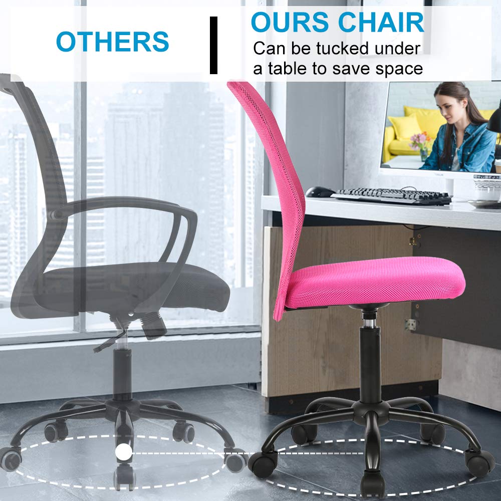 Ergonomic Mesh Office Chair - Adjustable Height Mid Back Computer Desk Chair for Home, Student & Small Office - Modern Swivel Rolling Task Chair with No Armrest (Pink) - Perfect for Work, Study & Gaming