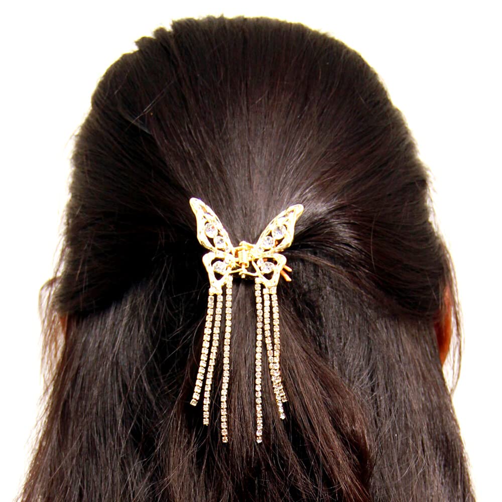 RSJ TRADERS - Rhinestone Hair Clips for Women & Girls | Elegant Butterfly Hair Clutcher with Wedding Tassel | Metal Hair Accessories for Parties, Prom, Bridal & Daily Use