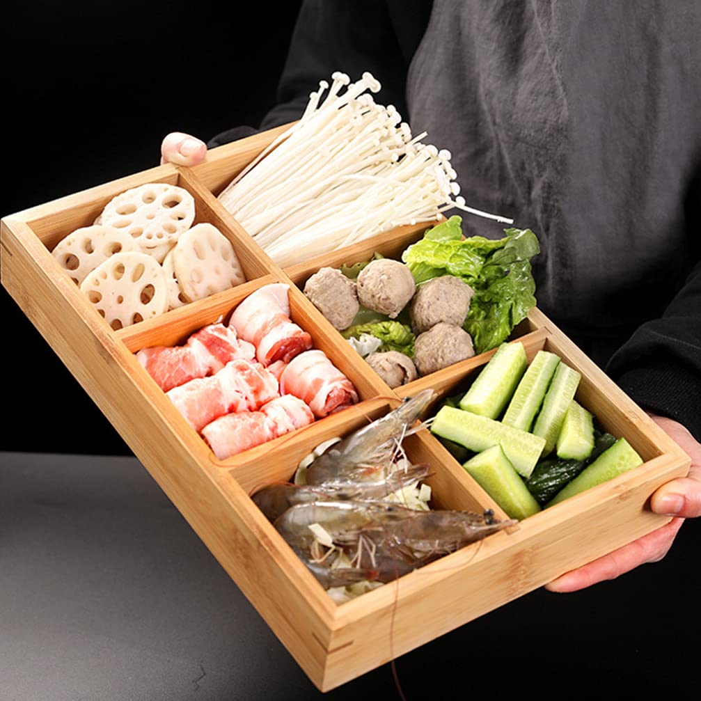 Bamboo Divided Serving Tray with Compartments - Wooden Snack Plate for Vegetables, Hot Pot, Dinner & Party Food | Eco-Friendly Compartmented Dish for Entertaining, Picnics & Family Meals