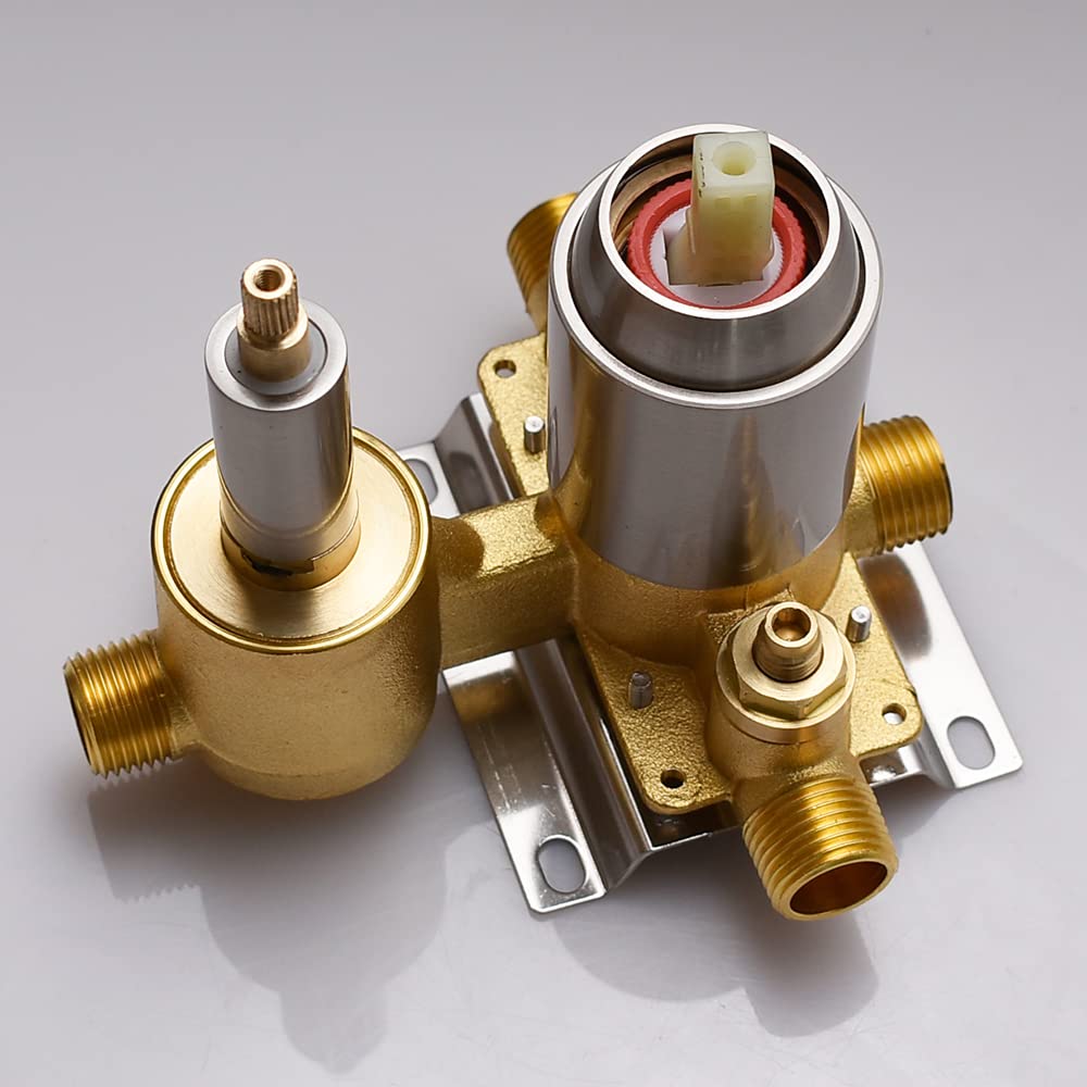 3-Function Shower Diverter Valve - Solid Brass Concealed Shower Mixer with Pressure Balance Technology - Brushed Nickel Trim Kit for Bathroom Shower System - Perfect for Modern Bathrooms and Spa-Like Showers