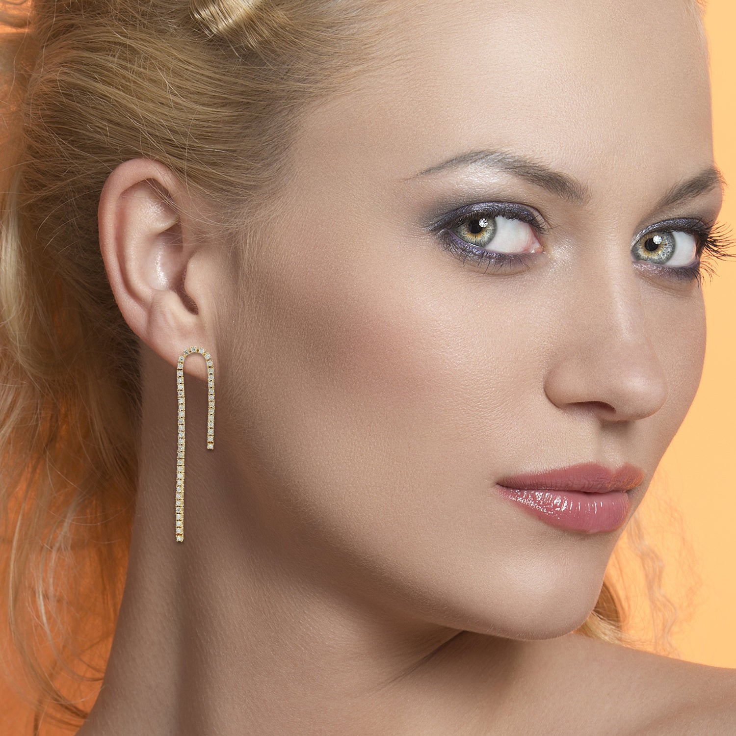 18K Yellow Gold Micro Pave Diamond Long J Design Dangle Earrings - Elegant Party & Wedding Jewelry for Women