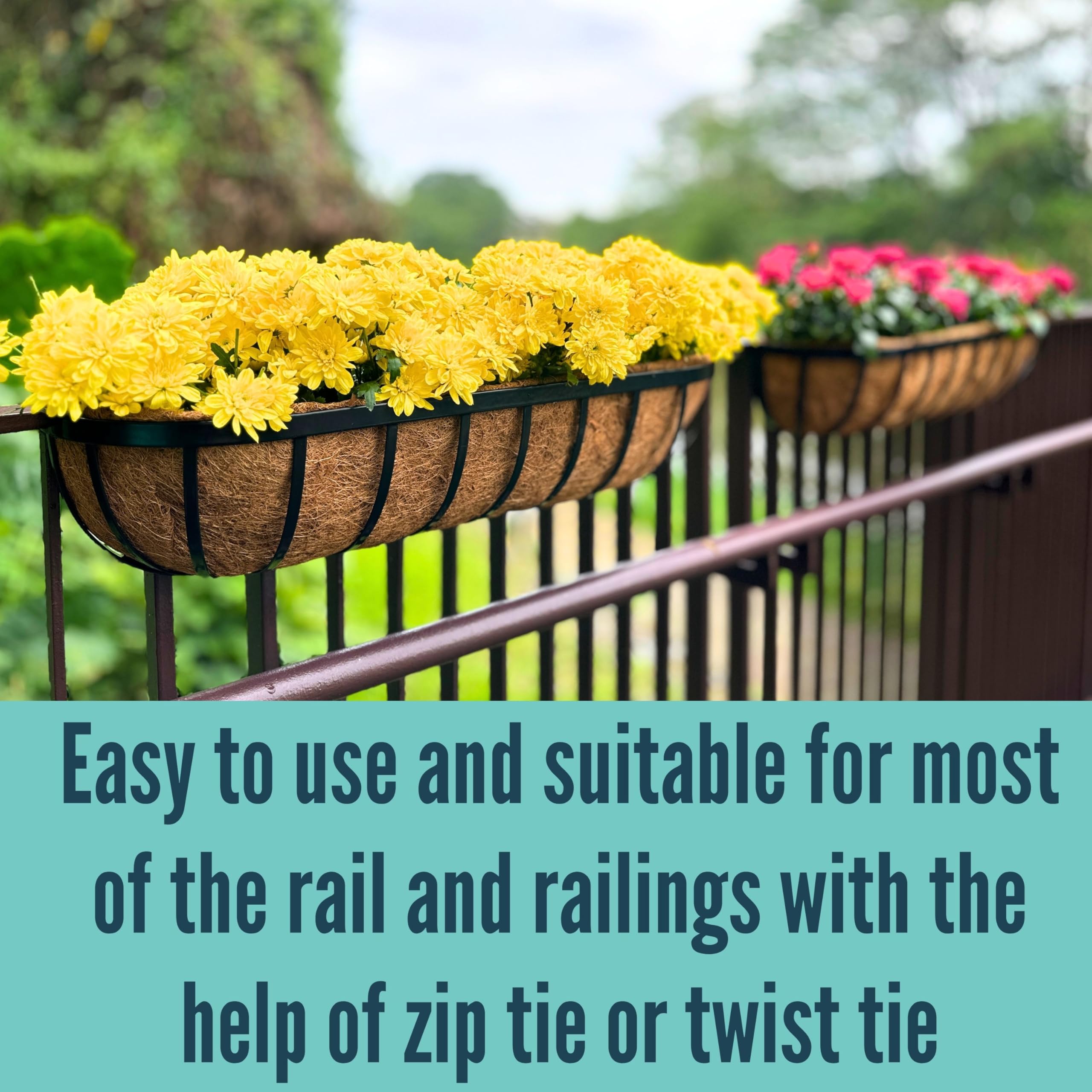 LaLaGreen 30 Inch Large Black Deck Railing Planter Boxes (4 Pack) - Outdoor Wall Planters with Coco Liners for Flowers & Plants | Metal Fence, Balcony, Patio & Porch Decor | Perfect for Window Boxes, Deck Railings & Outdoor Gardening