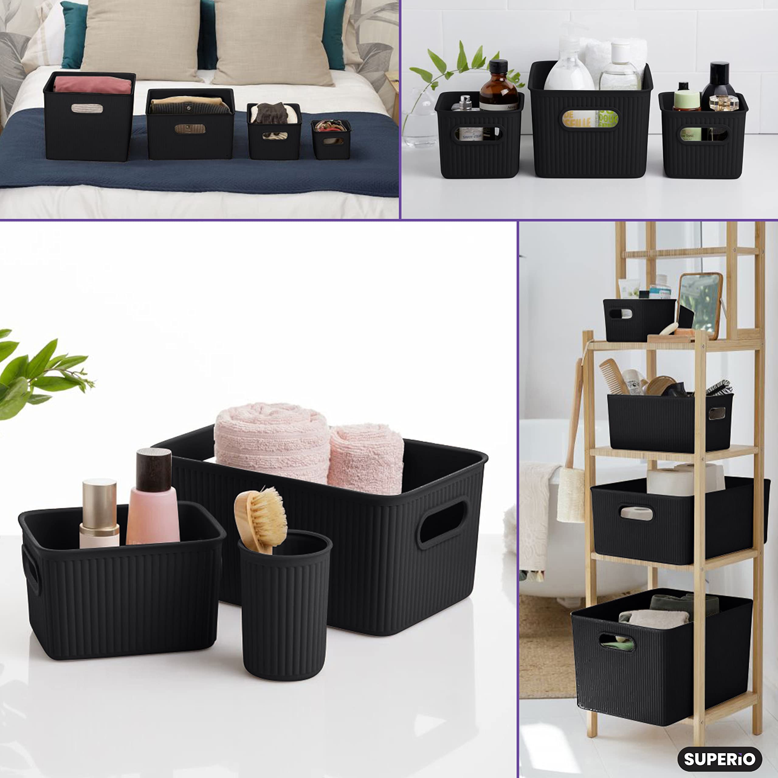 Superior Ribbed Plastic Storage Bins - 2 Pack Small Brown Organizer Baskets for Home, Closet, Shelves & Drawers | 1.5L Decorative Open Container Boxes | Perfect for Bedroom, Bathroom & Office Organization