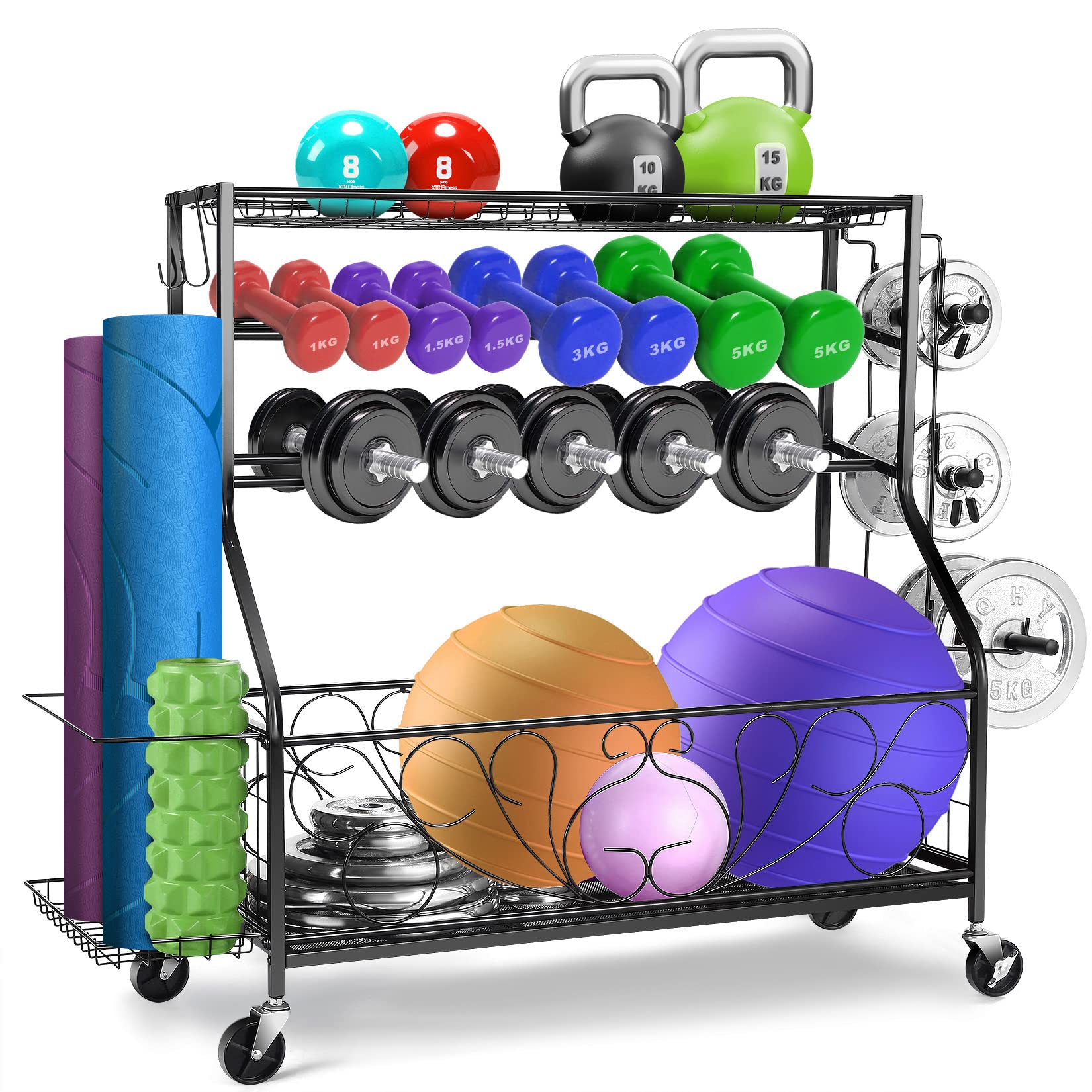 **OppsDecor Heavy Duty Dumbbell Rack – All-in-One Home Gym Storage Organizer for Dumbbells, Kettlebells, Yoga Mats & Exercise Balls – Space-Saving Workout Equipment Stand with Hooks & Wheels – Perfect for Garage, Basement & Home Gym Organization**