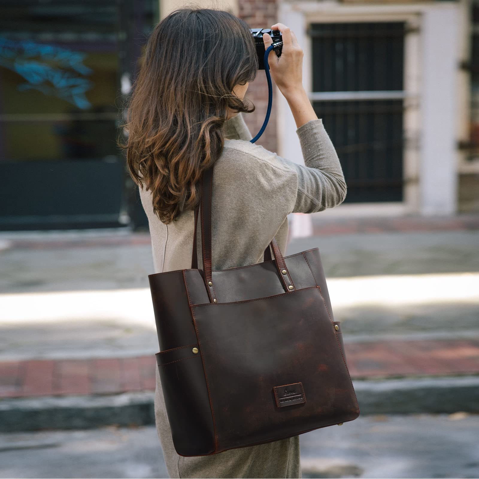 Genuine Leather Tote Bag for Women - Large Vintage Shoulder Purse - Work Bag, Office, Travel & Everyday Use