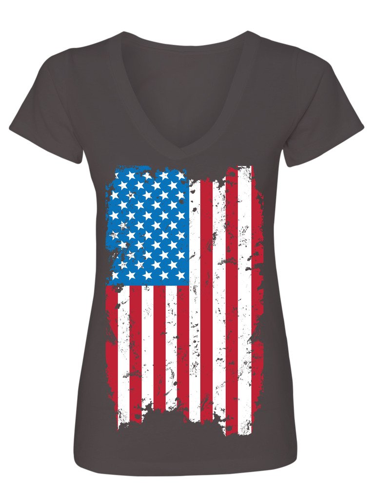 Manateez Women's Distressed American Flag V-Neck T-Shirt - USA Patriotic Graphic Tee - XL Size in Charcoal Grey - Perfect for 4th of July, Memorial Day & Casual Outfits