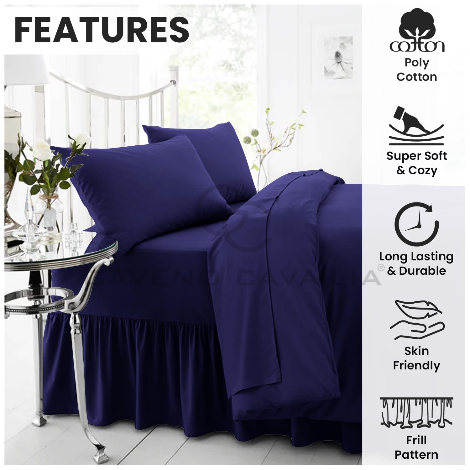 GC GAVENO CAVAILIA 180 Thread Count Percale Valance Sheet for Double Bed | Lightweight & Soft Touch | No Iron Bedding Set in Navy Blue | Perfect for Guest Rooms, Dormitories & Everyday Comfort