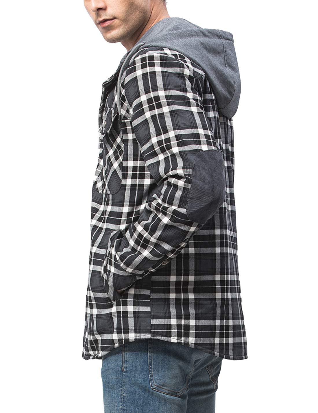 PEHMEA Men's Cotton Plaid Flannel Shirt Jacket - Fleece Lined Sherpa Hooded Button Down for Winter (Gray, Large) | Outdoor Work & Casual Wear