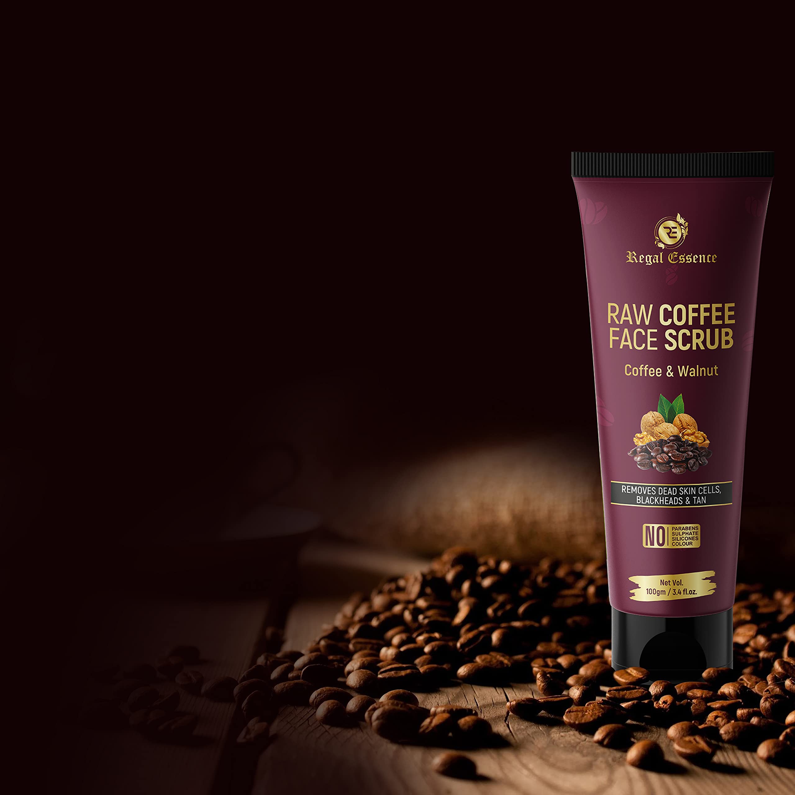 Regal Essence Exfoliating Coffee Face & Body Scrub for Women & Men - Natural Walnut & Vitamin E Polish for Dead Skin, Blackheads & Whiteheads Removal - Detan & Brighten for Glowing Skin - 100g (Pack of 1) | Perfect for Daily Skincare Routine & Spa Treatment at Home