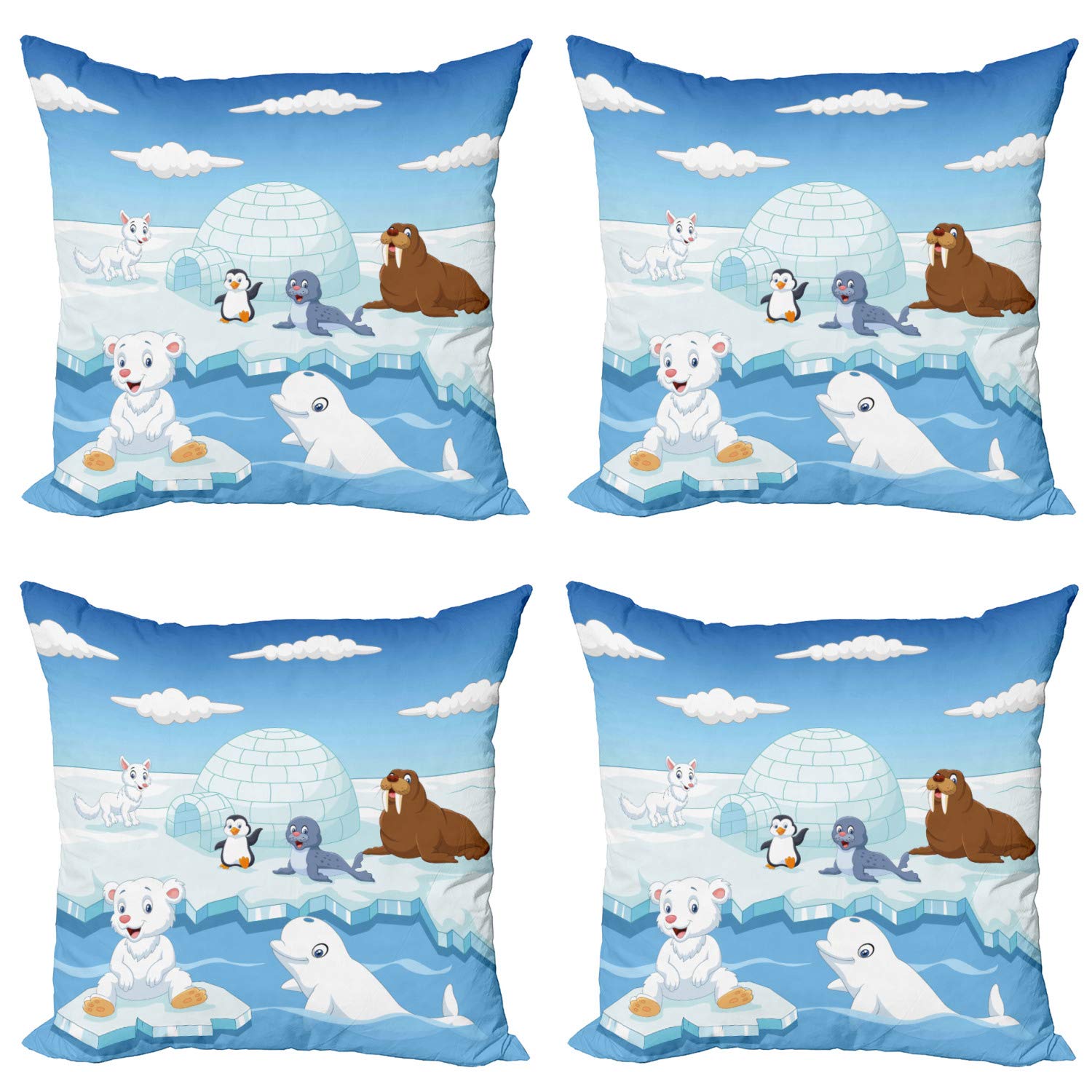 Ambesonne 4-Pack Arctic Animals Decorative Throw Pillow Covers - Polar Bears, Seals, Penguins, Wolves & Whales Art Design - 24