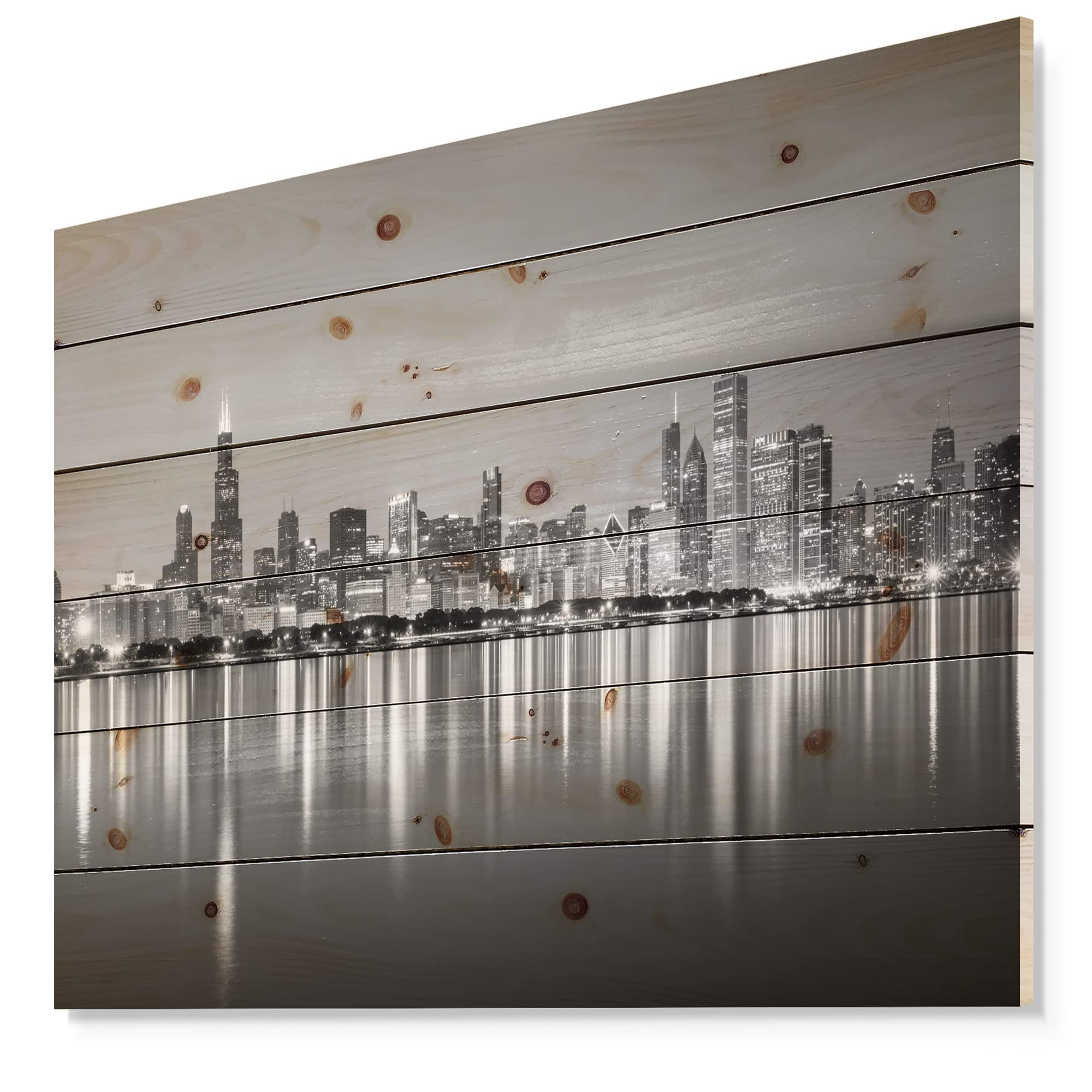 Chicago Skyline Night Black & White Industrial Wood Wall Art - Large Architecture Wood Panel Decor Printed on Natural Pine - Perfect for Living Room, Office & Modern Home Decor