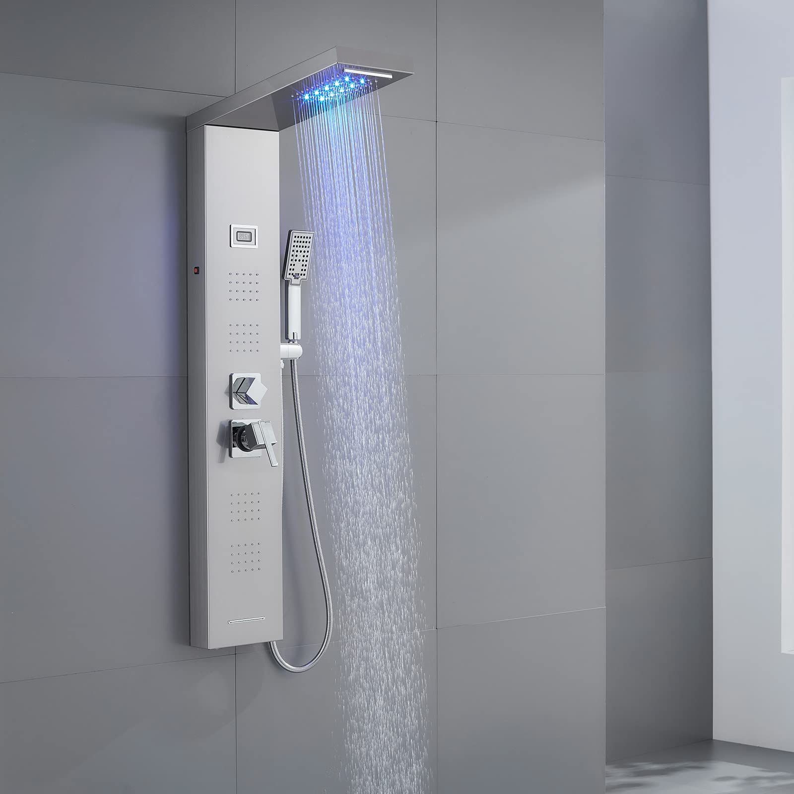 KINKIB LED Rainfall Waterfall Shower Panel Tower System - Multi-Function Shower Panel with Body Massage Jets, Handheld Shower & Tub Spout | Brushed Nickel Finish | Perfect for Spa-Like Bathroom Upgrades & Luxury Shower Experience