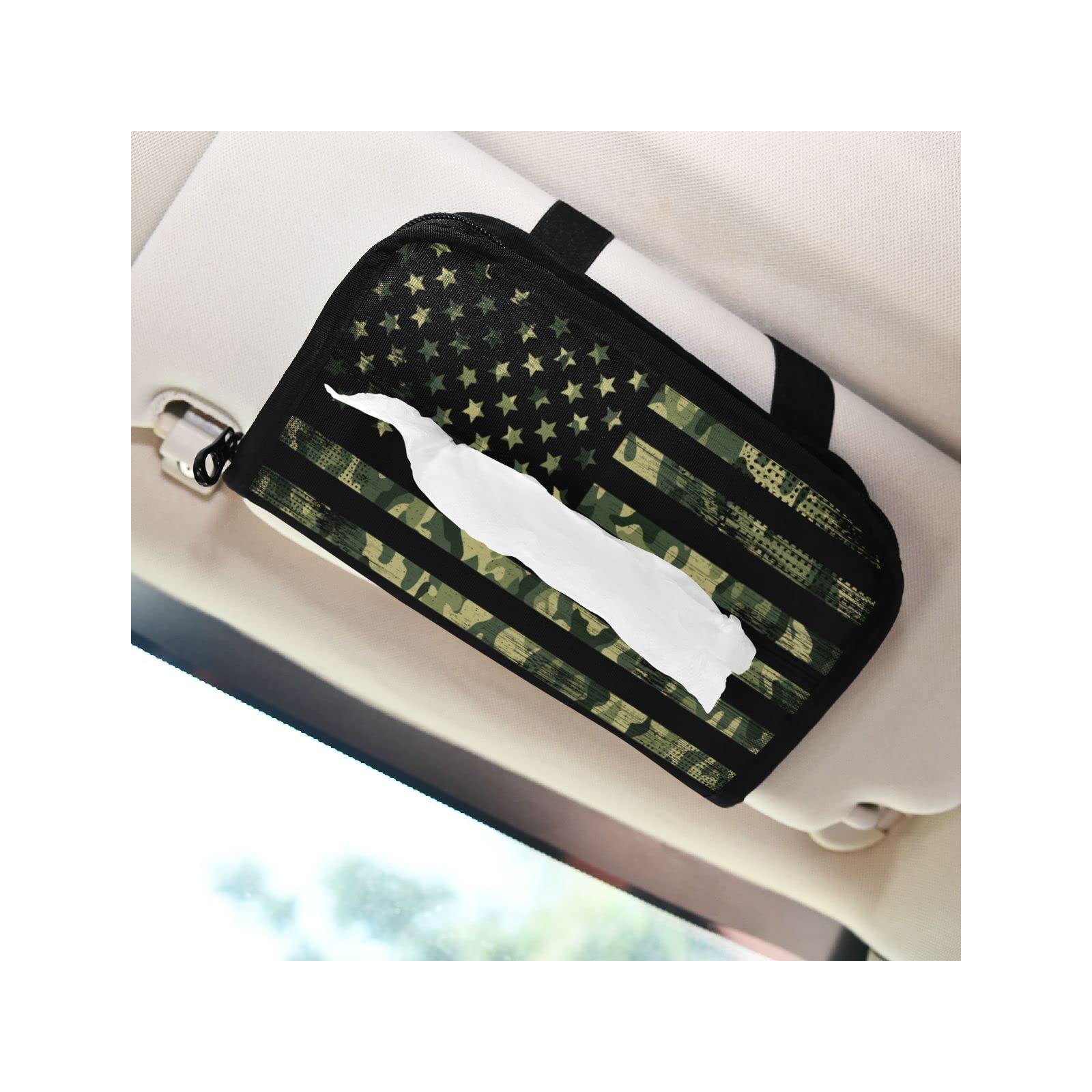American Flag Green Camo Car Tissue Holder - Adjustable Sun Visor Wipe Dispenser with Zippers for Women & Men | Perfect for Road Trips, Commuting & Travel Accessories