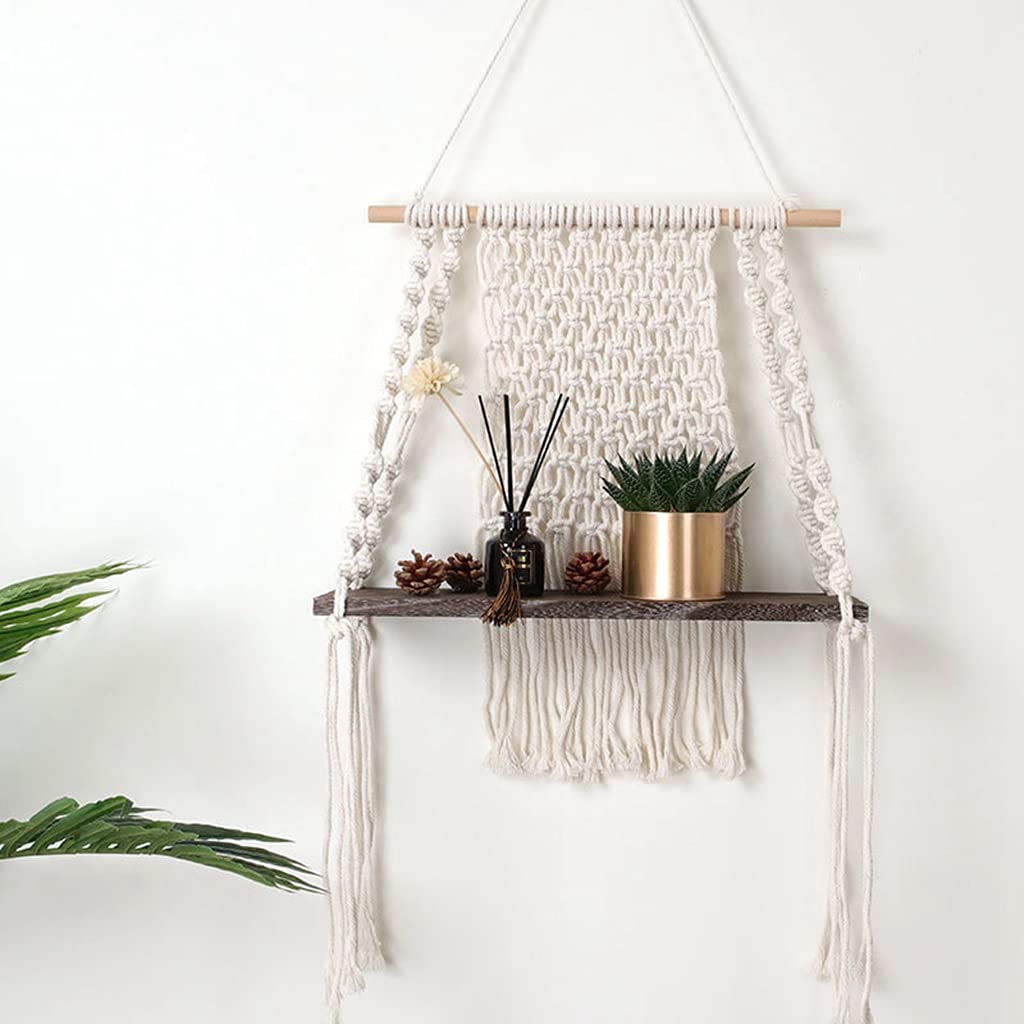 Handmade Macrame Wall Hanging Shelf - Bohemian Cotton Rope Plant Hanger with Dark Wood, Boho Home Decor for Bedroom & Living Room - Perfect for Indoor Plants, Books, and Decorative Storage