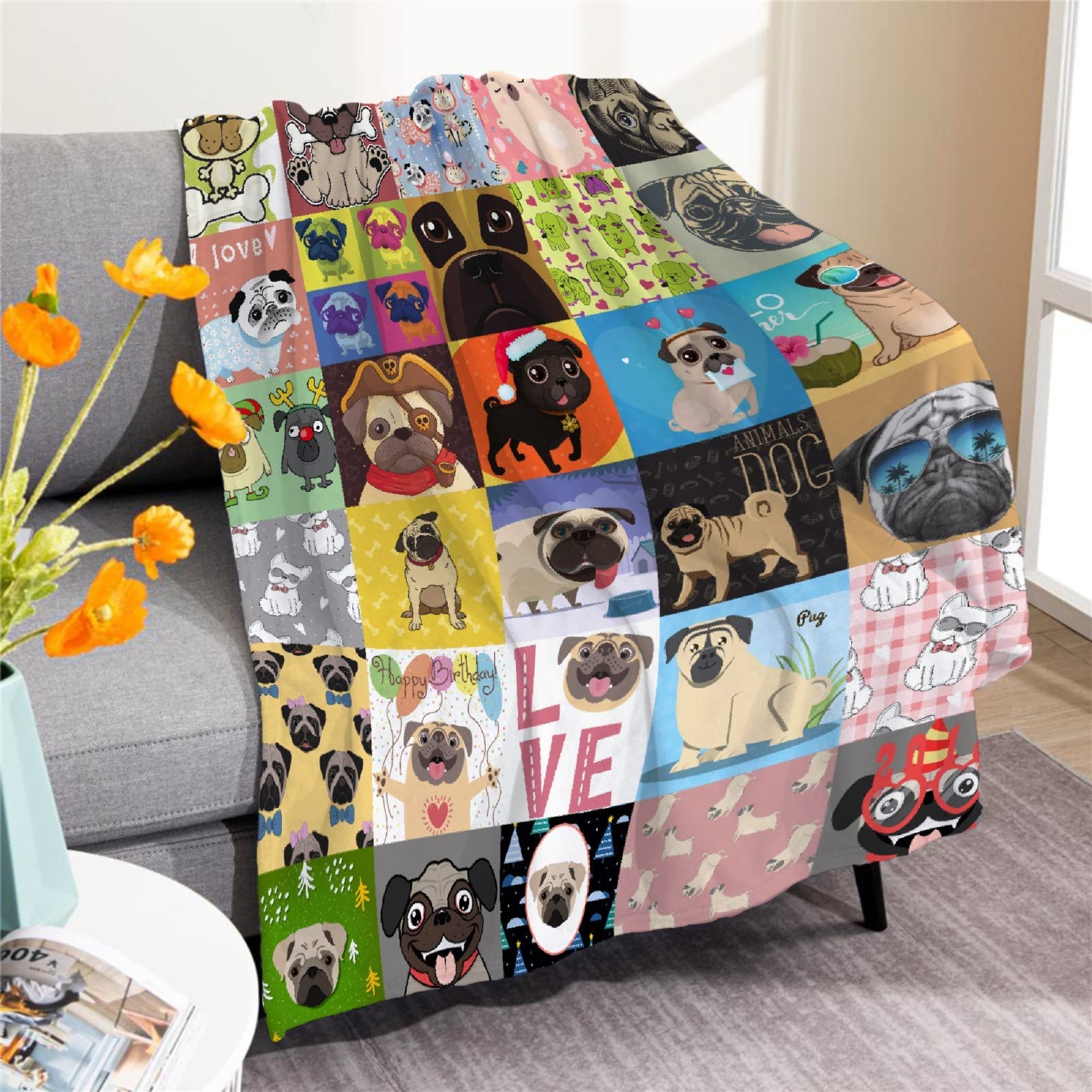 **Soft Cozy Flannel Pug Dog Pattern Throw Blanket - 120