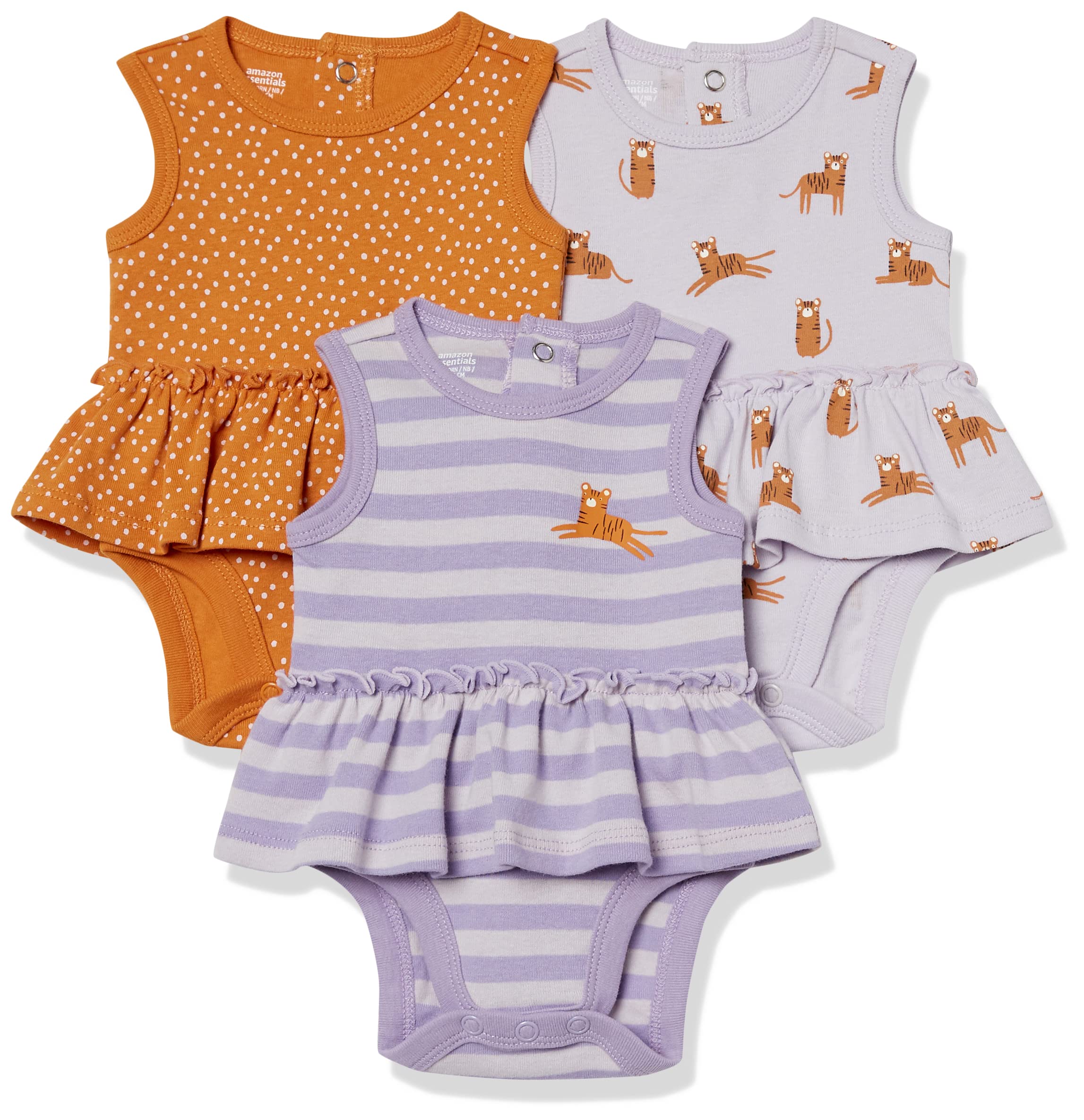 Amazon Essentials Baby Girls' Sleeveless Bodysuit Dress 3-Pack - Soft Cotton Romper Outfits for Infants & Toddlers | Perfect for Playdates, Daycare & Summer Outfits