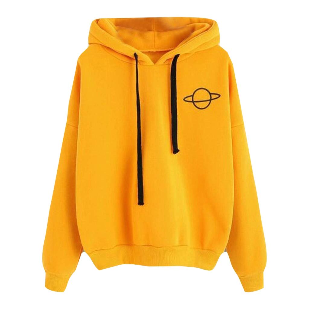 Women's Cute Casual Planet Print Hoodie - Long Sleeve Drop Shoulder Pullover Sweatshirt for Girls in Yellow, Perfect for Outdoor Adventures and Cozy Evenings