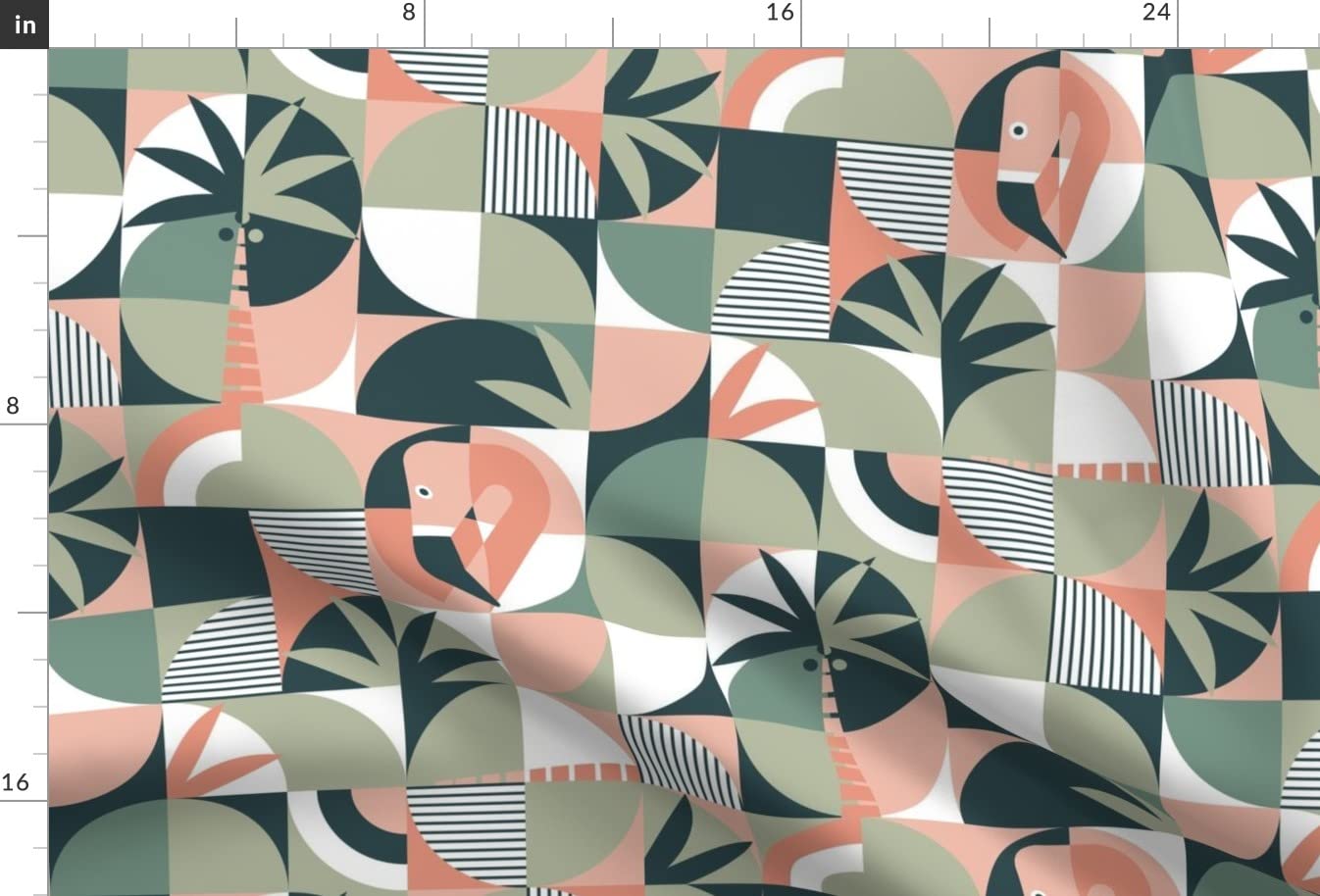 Geo Flamingos Geometric Abstract Flamingo Palm Coral Peach Sage Printed Minky Fabric Fat Quarter - Soft Baby Blanket Material, Quilt Backing, Plush Sewing Fabric for DIY Projects & Nursery Decor