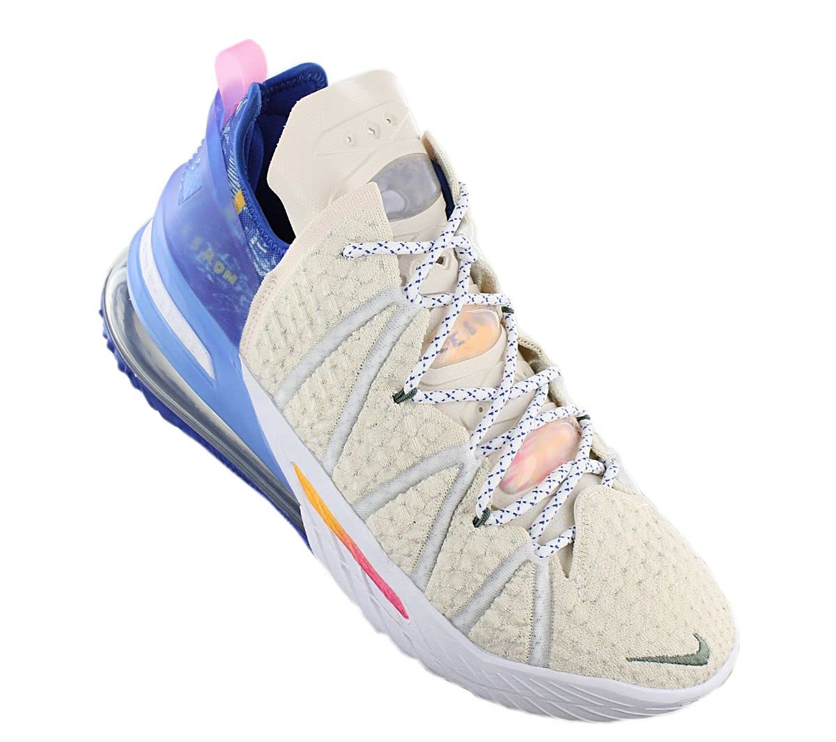 Nike LeBron 18 Basketball Shoes for Men - Light Cream/Game Royal-Spiral - Size 10.5 - High-Performance Court Shoes for Basketball Games & Training