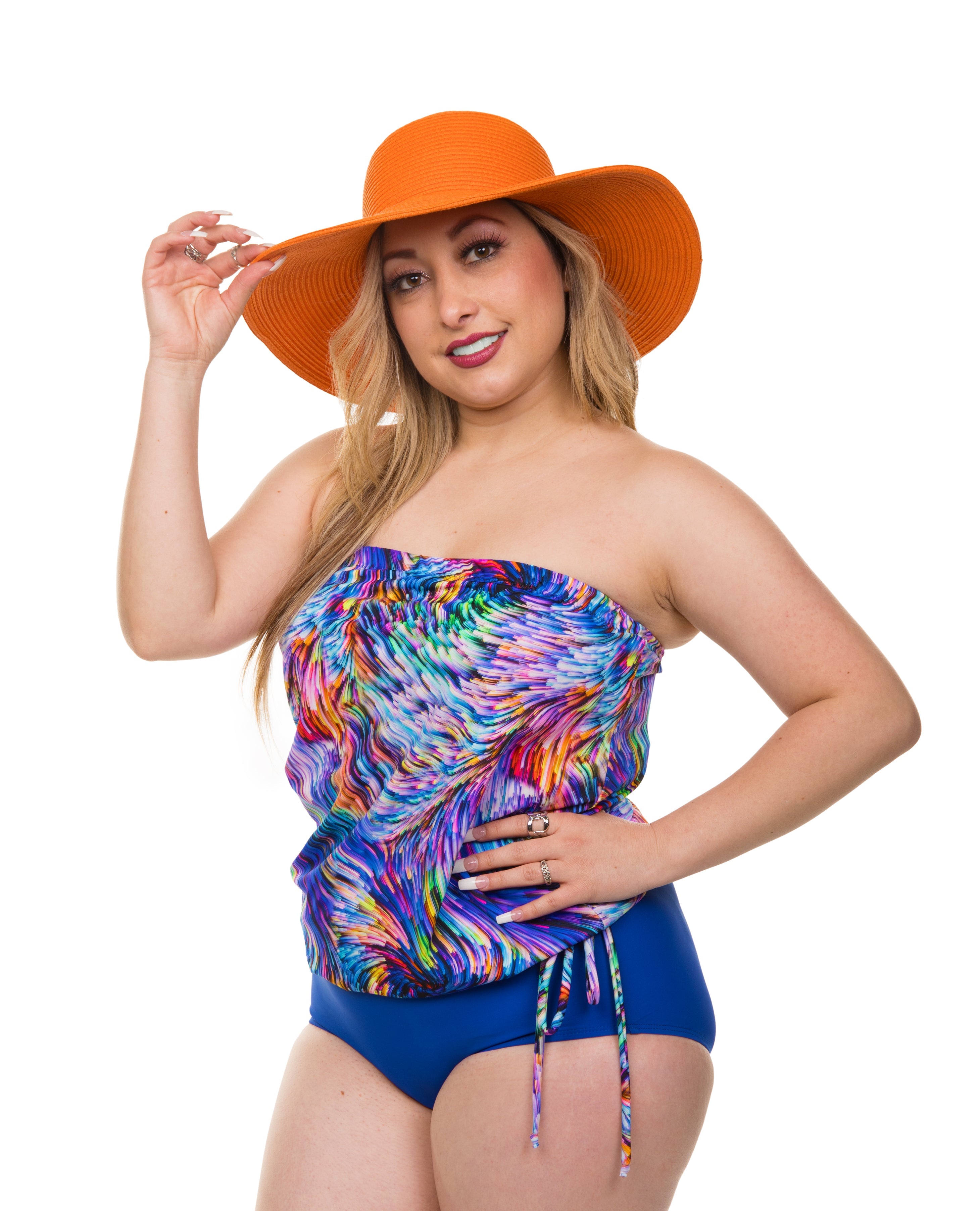 Women's Bandeau Blouson Top - Rainbow Waves Print - Casual Summer Beachwear for Pool Parties & Vacations