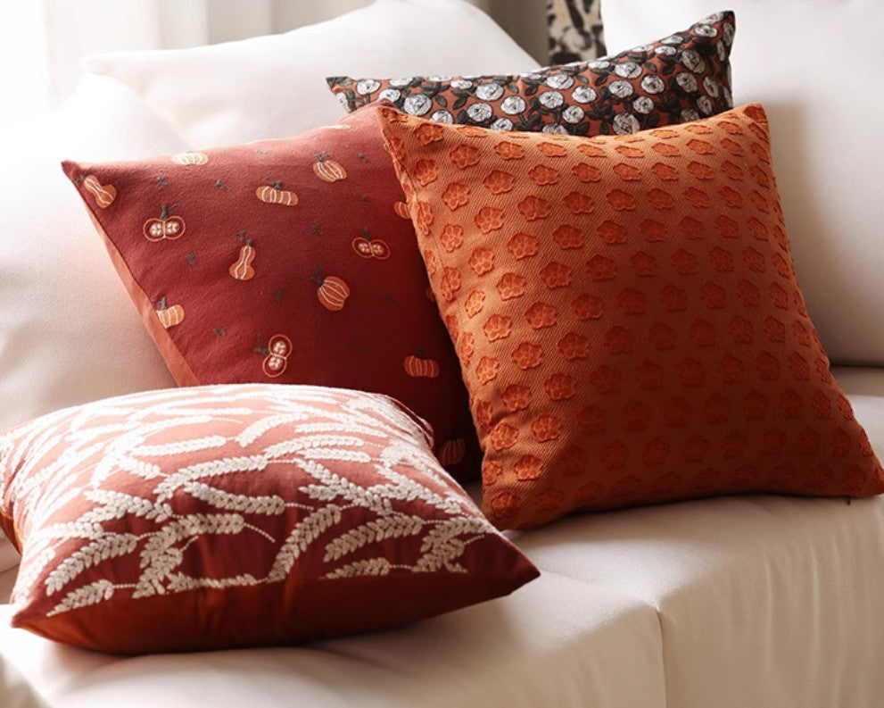 Farmhouse Decorative Throw Pillows for Couch - Embroidered Cotton Pillow Covers with Wheat Stalk & Pumpkin Design - Perfect for Living Room, Sofa, and Home Decor